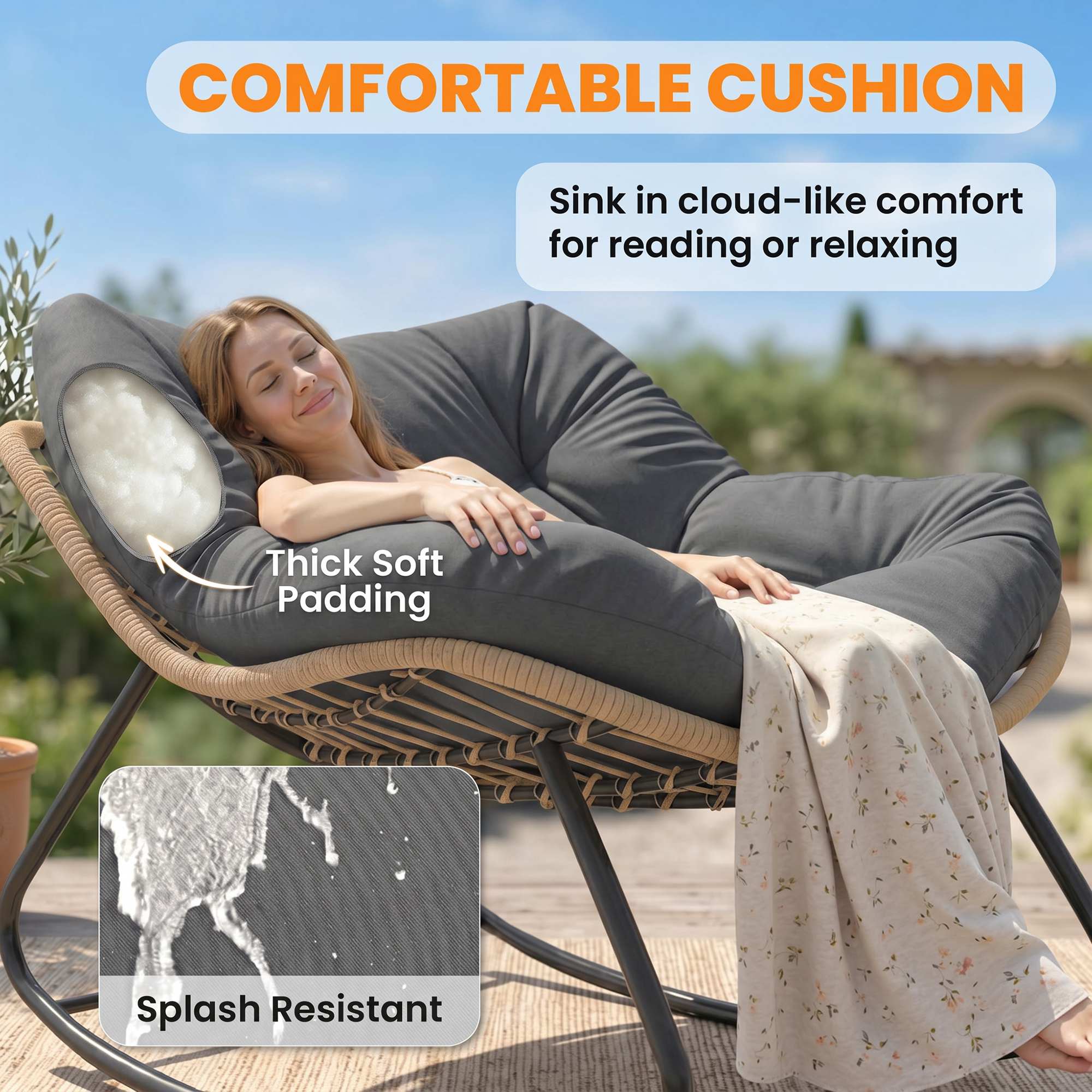 Indoor Outdoor Papasan Rocking Chair, Oversized Rocking Egg Chair with Cushion for Garden, Patio, Dark Gray