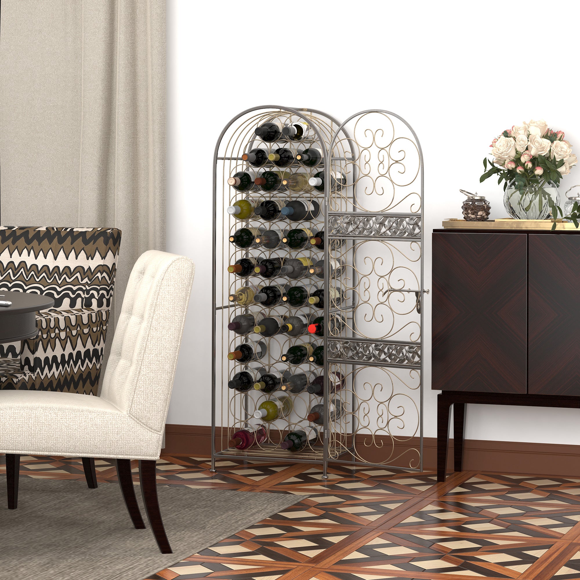 45 Bottle Wrought Iron Wine Rack Jail with Lock - Antique Bronze