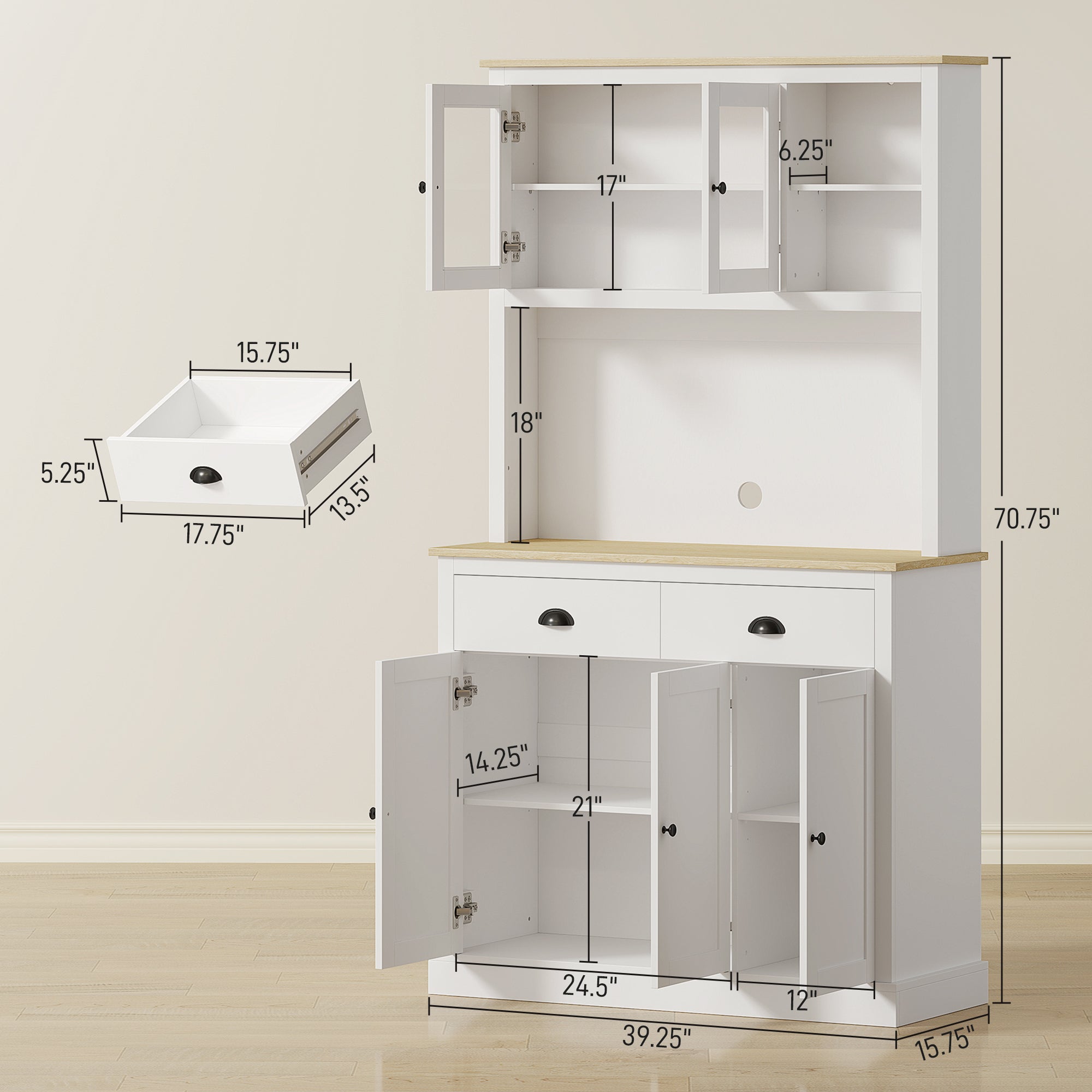 Freestanding Kitchen Cabinet, 71" Tall Pantry Cabinet, Modern Hutch with Wide Countertop, Adjustable Shelves, White
