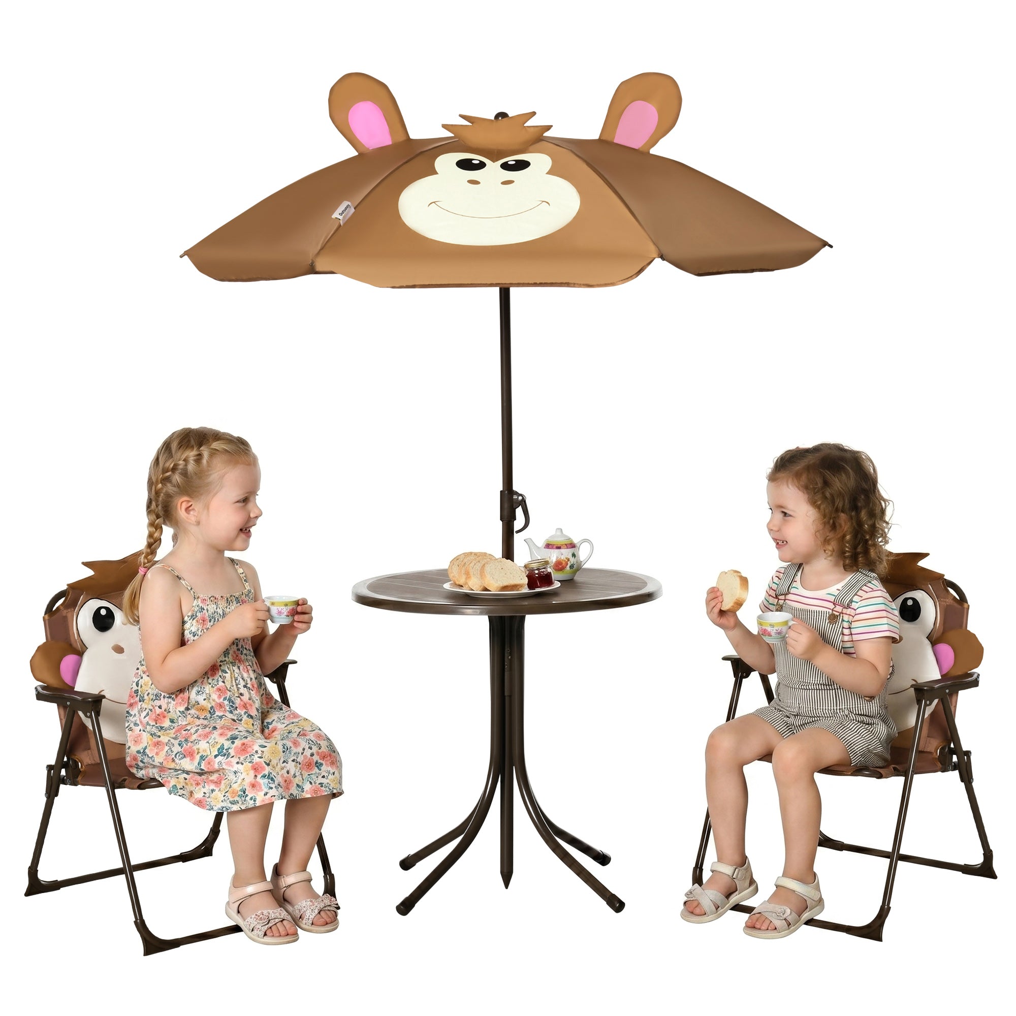 Kids Table and Chair Set, Outdoor Folding Garden Furniture, Picnic Table for Patio Backyard, with Removable & Height Adjustable Sun Umbrella, Brown
