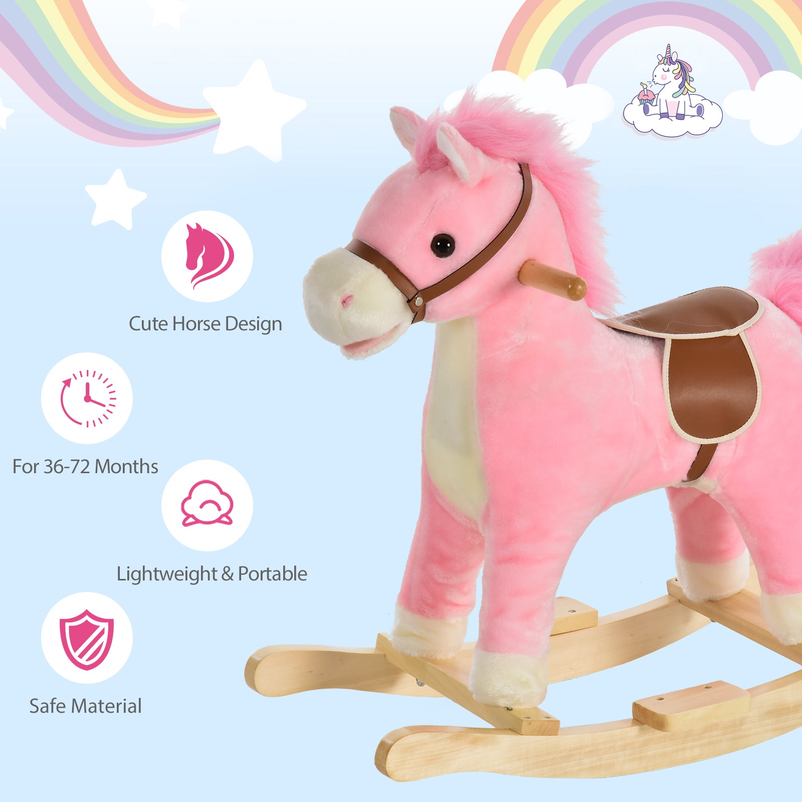 Rocking Horse Plush Animal on Wooden Rockers, Baby Rocking Chair with Sounds, Moving Mouth, Wagging Tail, Pink
