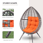 Patio Wicker Egg Chair w/ Soft Cushion, Teardrop Cuddle Seat, Outdoor / Indoor Patio Chair, PE Plastic Rattan Furniture with Adjustable Height Feet Pads, Orange