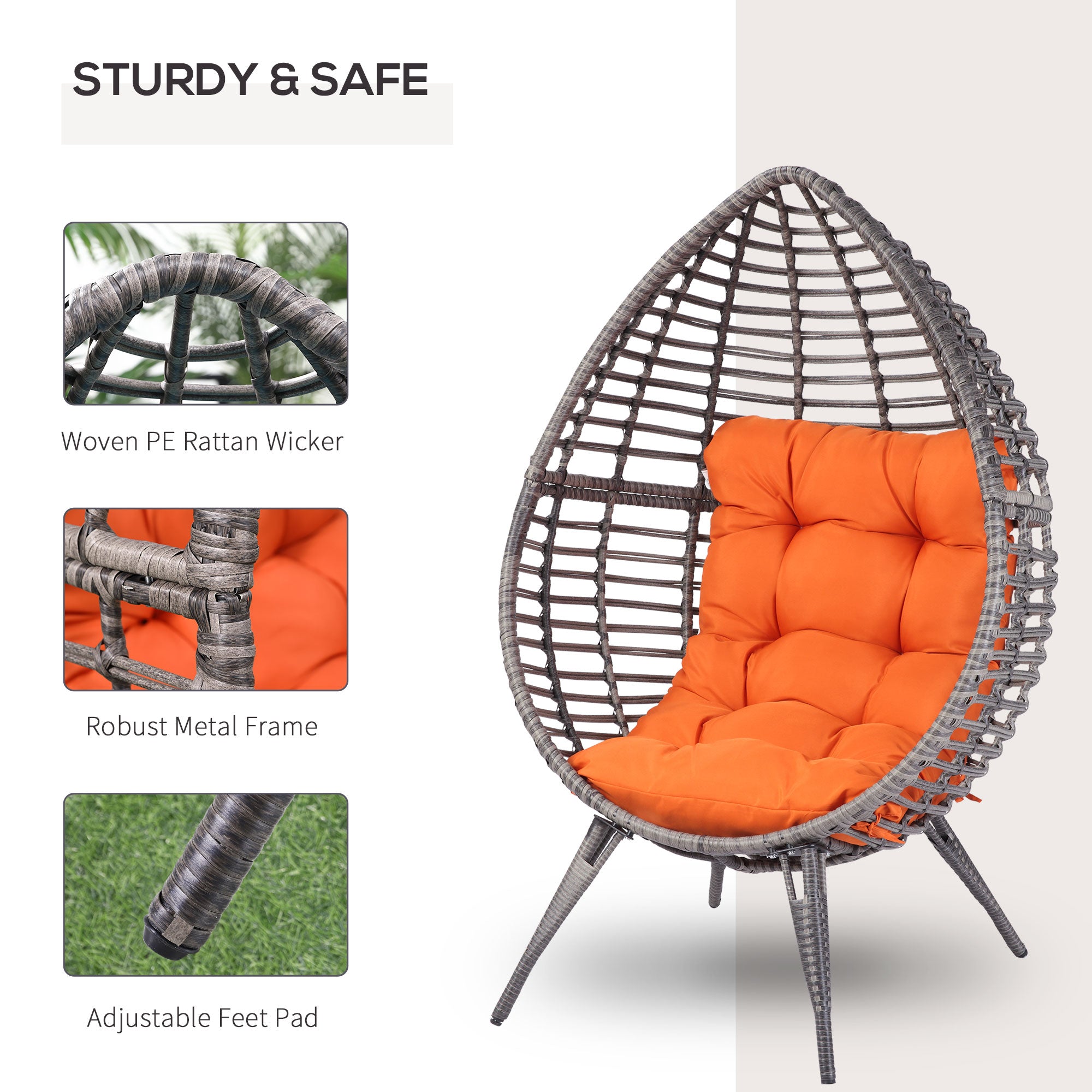 Patio Wicker Egg Chair w/ Soft Cushion, Teardrop Cuddle Seat, Outdoor / Indoor Patio Chair, PE Plastic Rattan Furniture with Adjustable Height Feet Pads, Orange