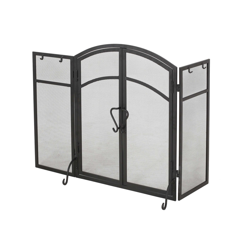 Iron Folding Fireplace Screen with Doors and 4-Piece Tool Set, Matte Finish, 50.5" x 5.5" x 32", Matte Black
