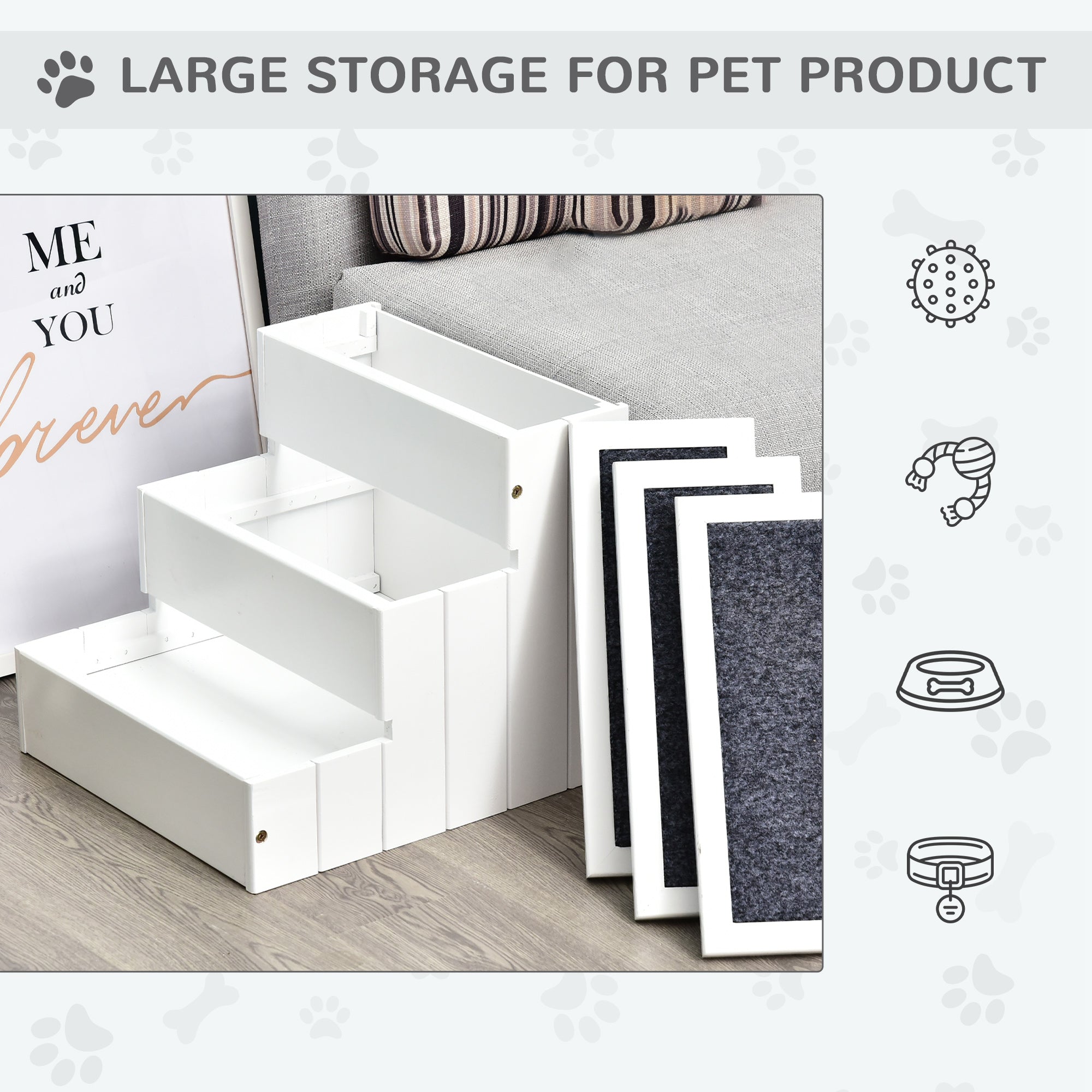 3 Step Wooden Carpeted Non Slip Pet Stairs Ramp for Cats and Small Dogs - White
