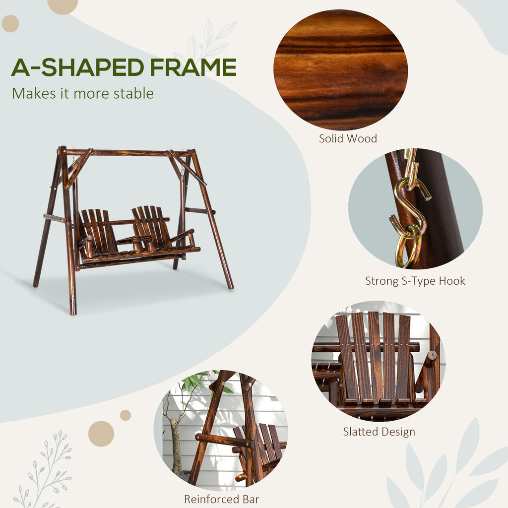 Wooden Porch Swing with Stand, 2-Seat Patio Swing Chair with Center Table, for Garden, Poolside, Backyard