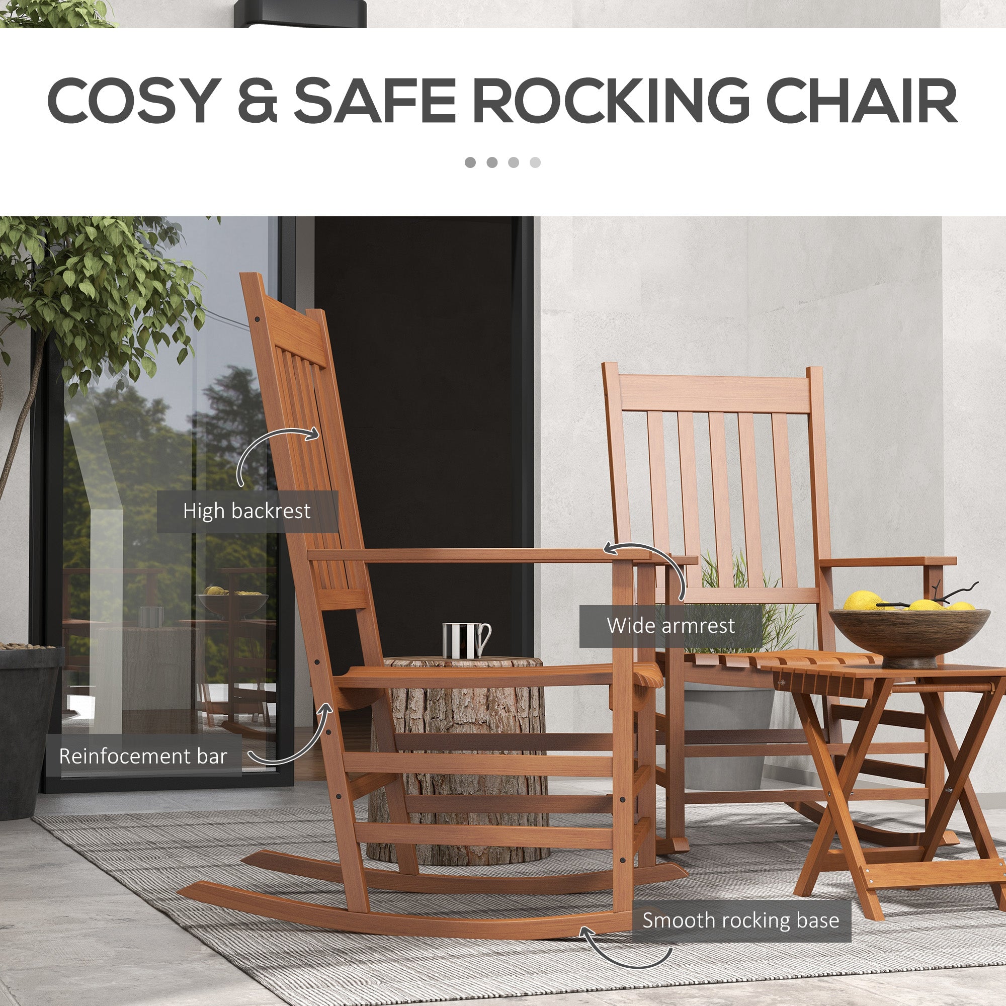 Outdoor Rocking Chair Set of 2 with Side Table, Patio Wooden Rocking Chair with Smooth Armrests, High Back for Garden, Balcony, Porch, Supports Up to 352 lbs, Teak