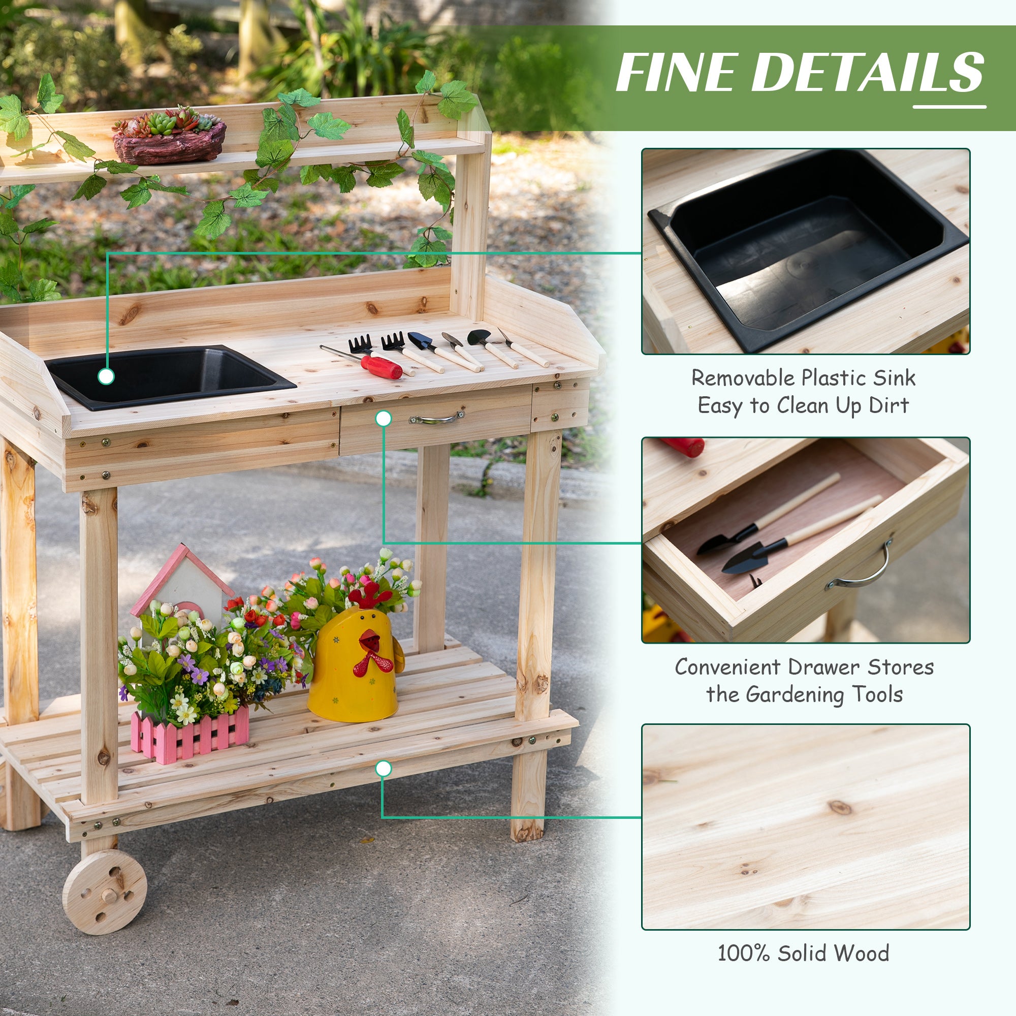 36" Wooden Potting Bench Work Table with 2 Removable Wheels, Garden Workstation with Removable Sink, Drawer & Large Storage Spaces, Natural