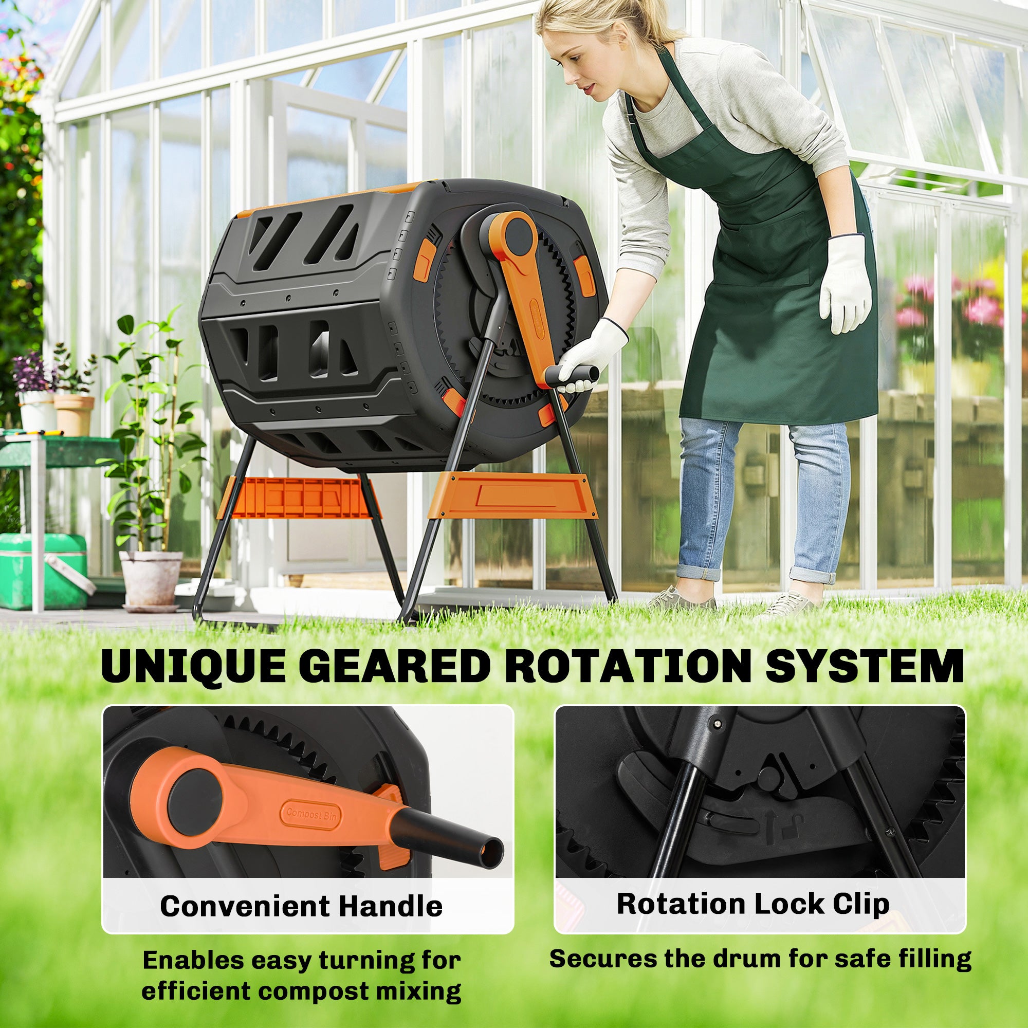 Compost Bin Outdoor, 53 Gal Dual Chamber Tumbling Composter with Adjustable Vents, BPA Free Tumbling Composter, Orange