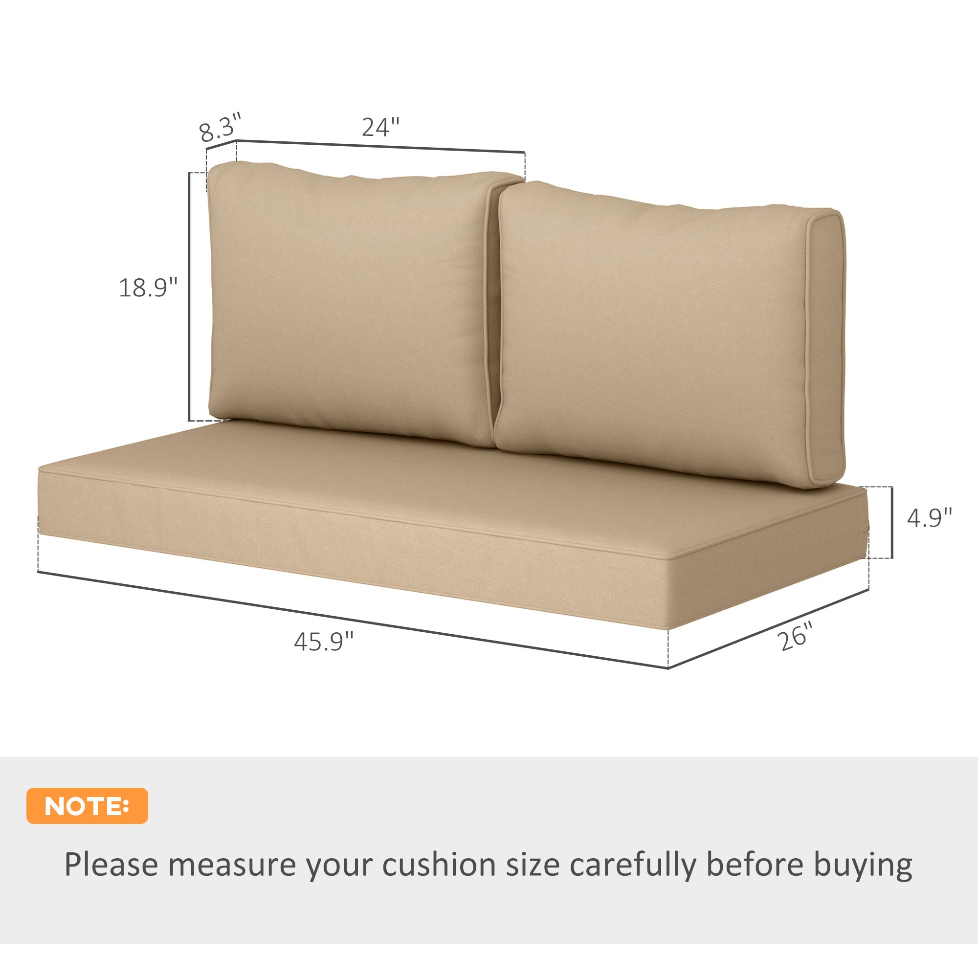 2 Seat Patio Furniture Cushions, 46x26x5 in, Thick Outdoor Loveseat Cushion Set with Removable Cover, Fade-Resistant Replacement Cushions for Outdoor Furniture, Couch, Bench, Swing, Beige
