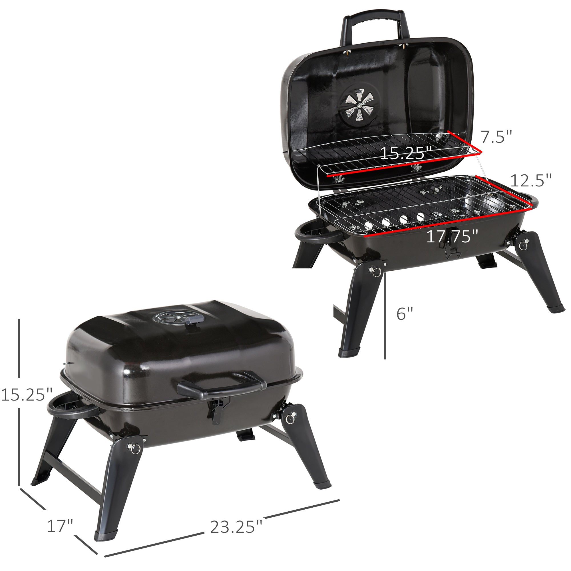 14" Portable Grill, Small Charcoal Grill for Outdoor Cooking, BBQ, Camping, Enamel Coated, Folding Legs, Black