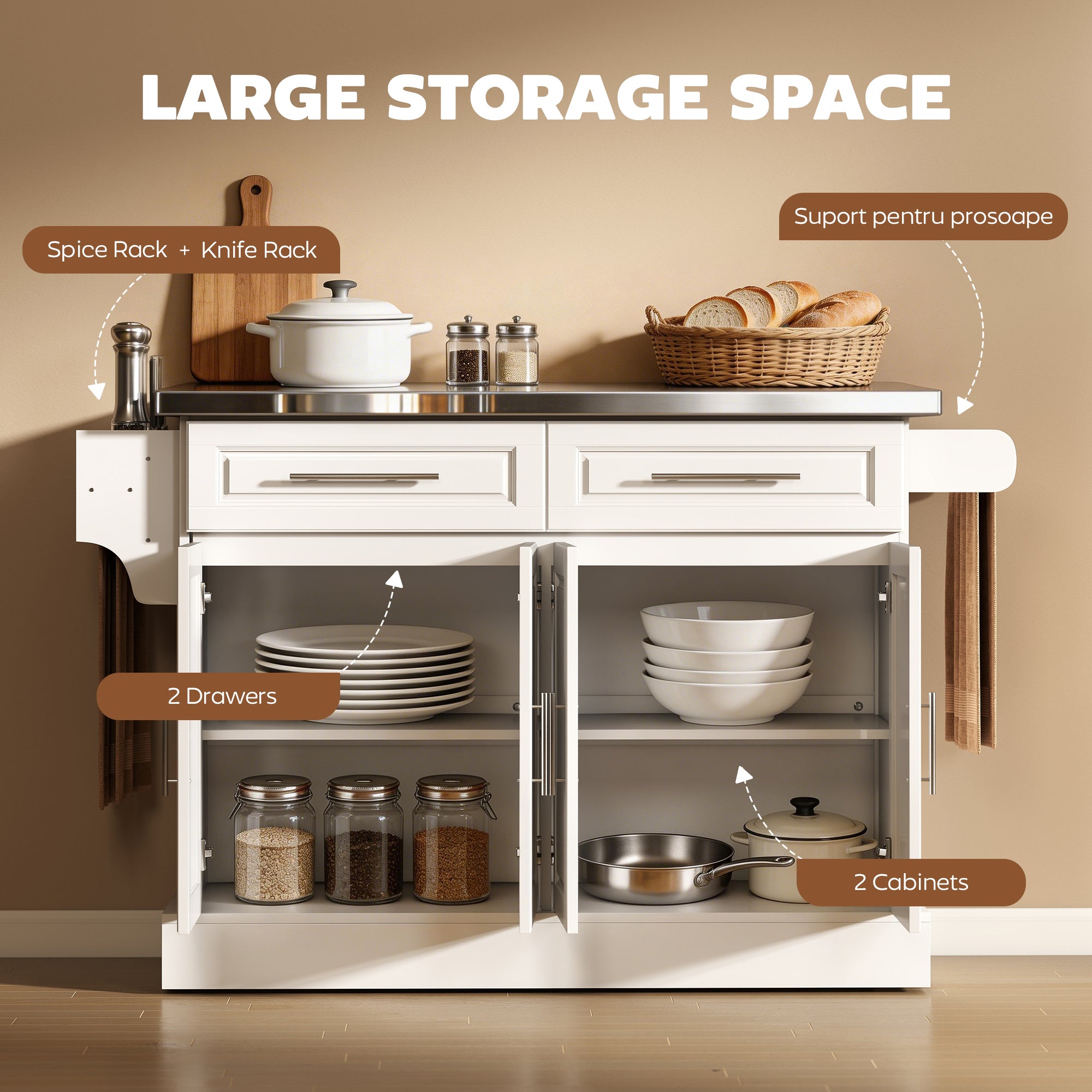 Rolling Kitchen Island Cart with 47" Stainless Steel Top, Portable Island Table for Kitchen with Wheels, Adjustable Shelves, 2 Drawers, Spice, Knife and Towel Rack, White