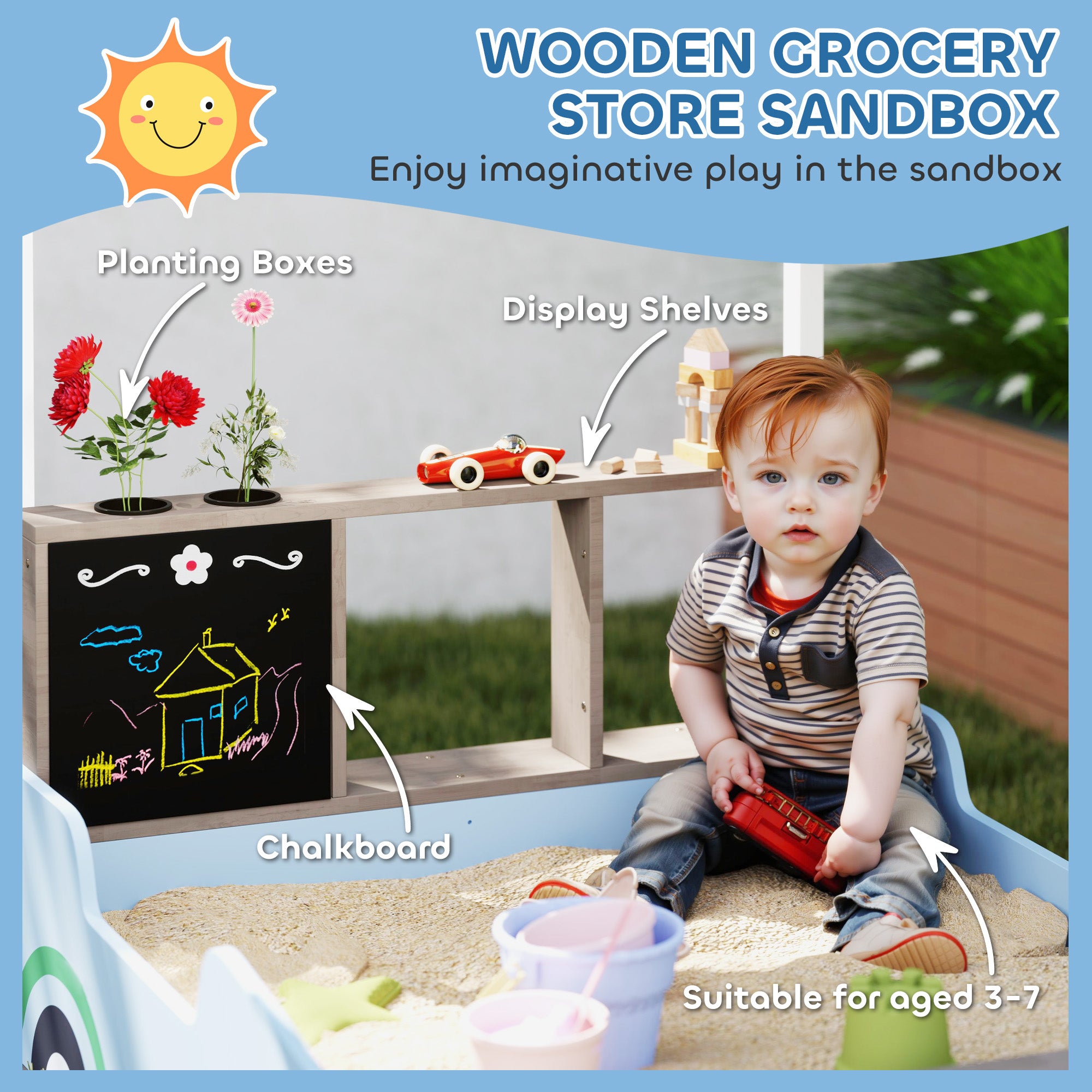 Kids Wooden Sandbox with Canopy with Bench Seats, Bottom Liner, Drawing Board, Planting Boxes for Backyard, Garden, Blue