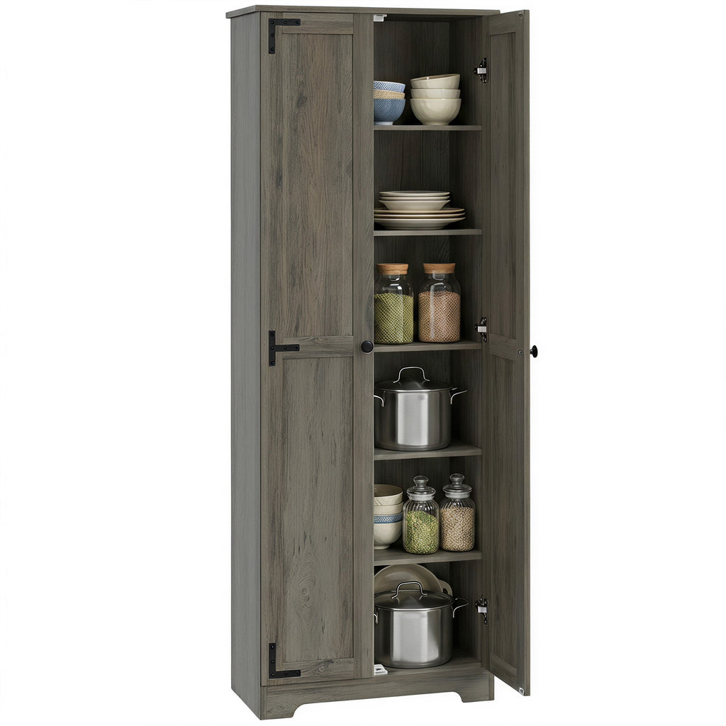67" Farmhouse Pantry Cabinet, Freestanding Food Pantry Cabinet with Adjustable Shelves, Distressed Gray
