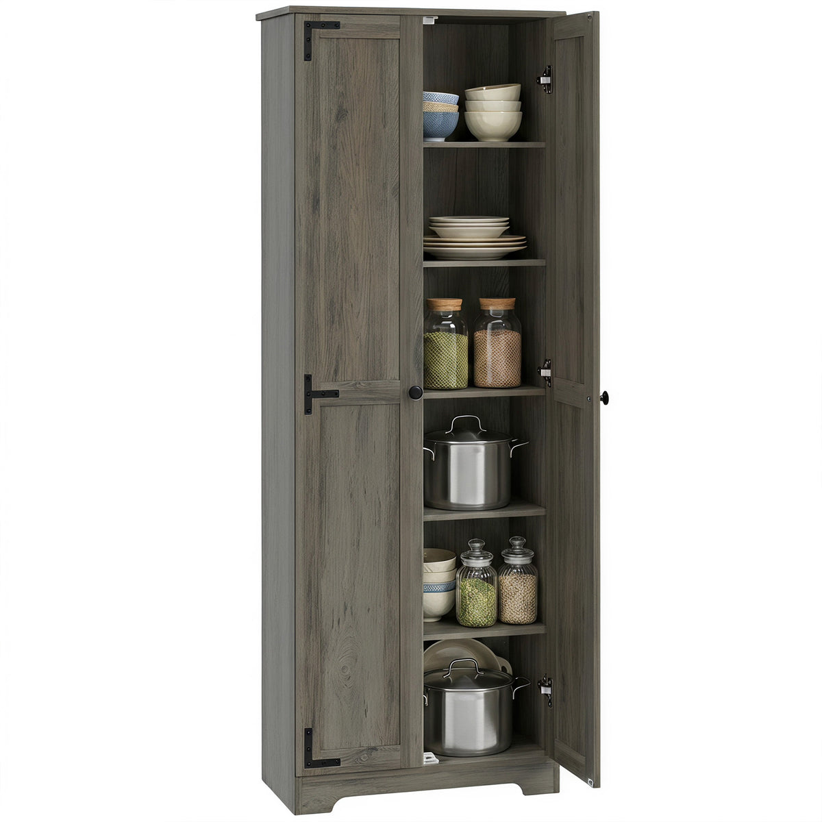 67" Farmhouse Pantry Cabinet, Freestanding Food Pantry Cabinet with Adjustable Shelves, Distressed Gray