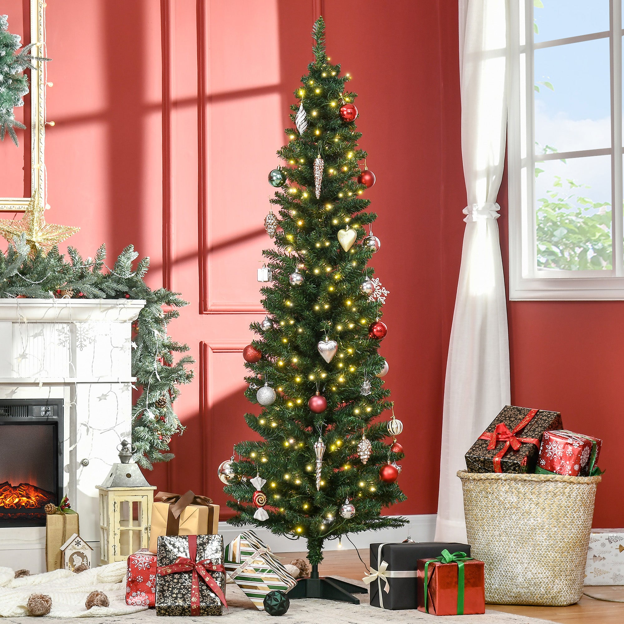 6' Tall Pre-Lit Slim Noble Fir Artificial Pencil Christmas Tree with 200 Warm White LED Lights and 390 Tips, for Christmas Decoration, Green