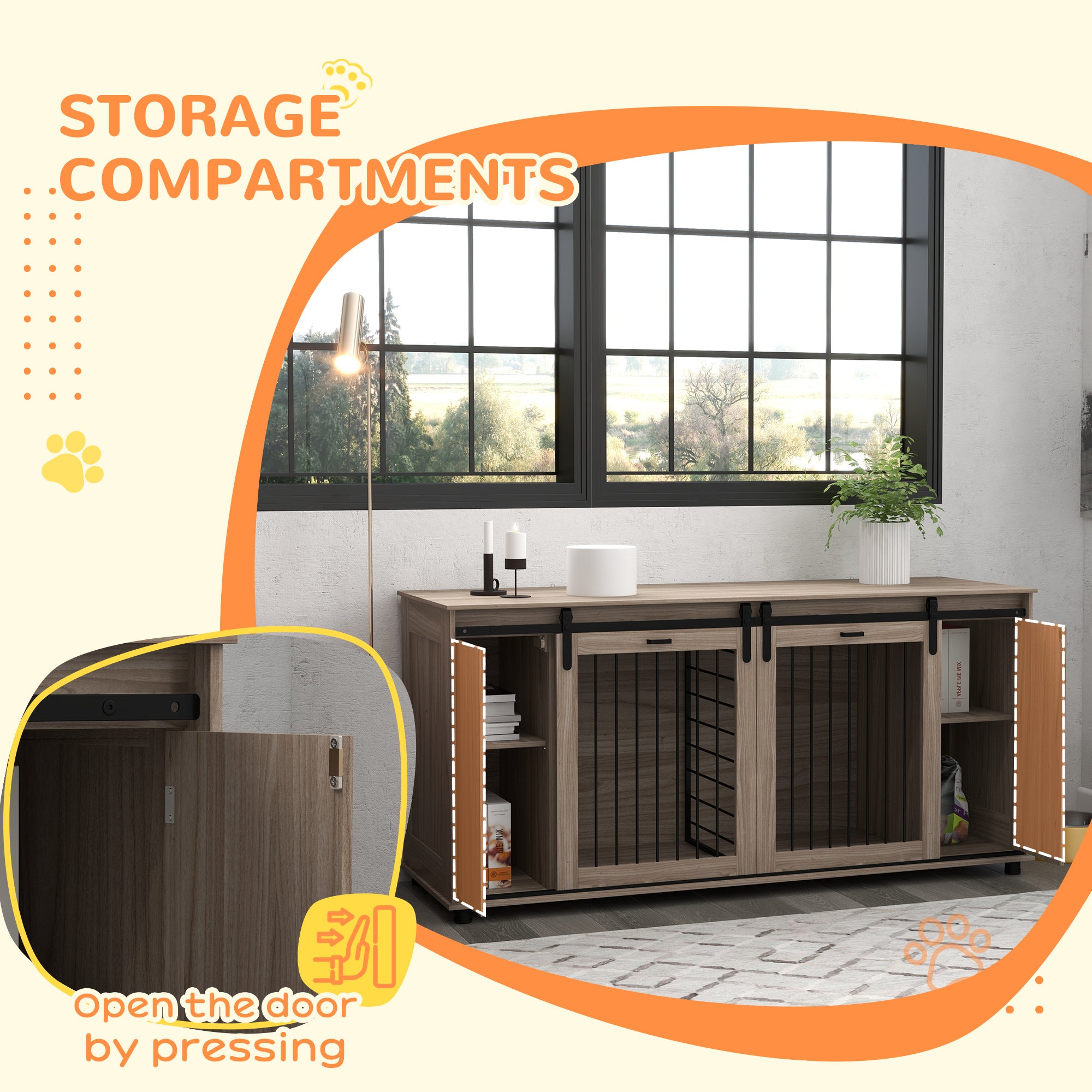 71" Modern Dog Kennel Furniture with Removable Divider, Storage for 2 Small Dogs or 1 Large Dog, Walnut