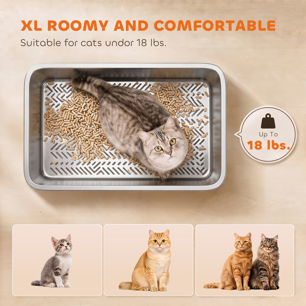 Stainless Steel Litter Box, XL Sifting Cat Litter Box for Medium, Large Cat, Non-Sticky, Odour Free, Easy Clean, Silver