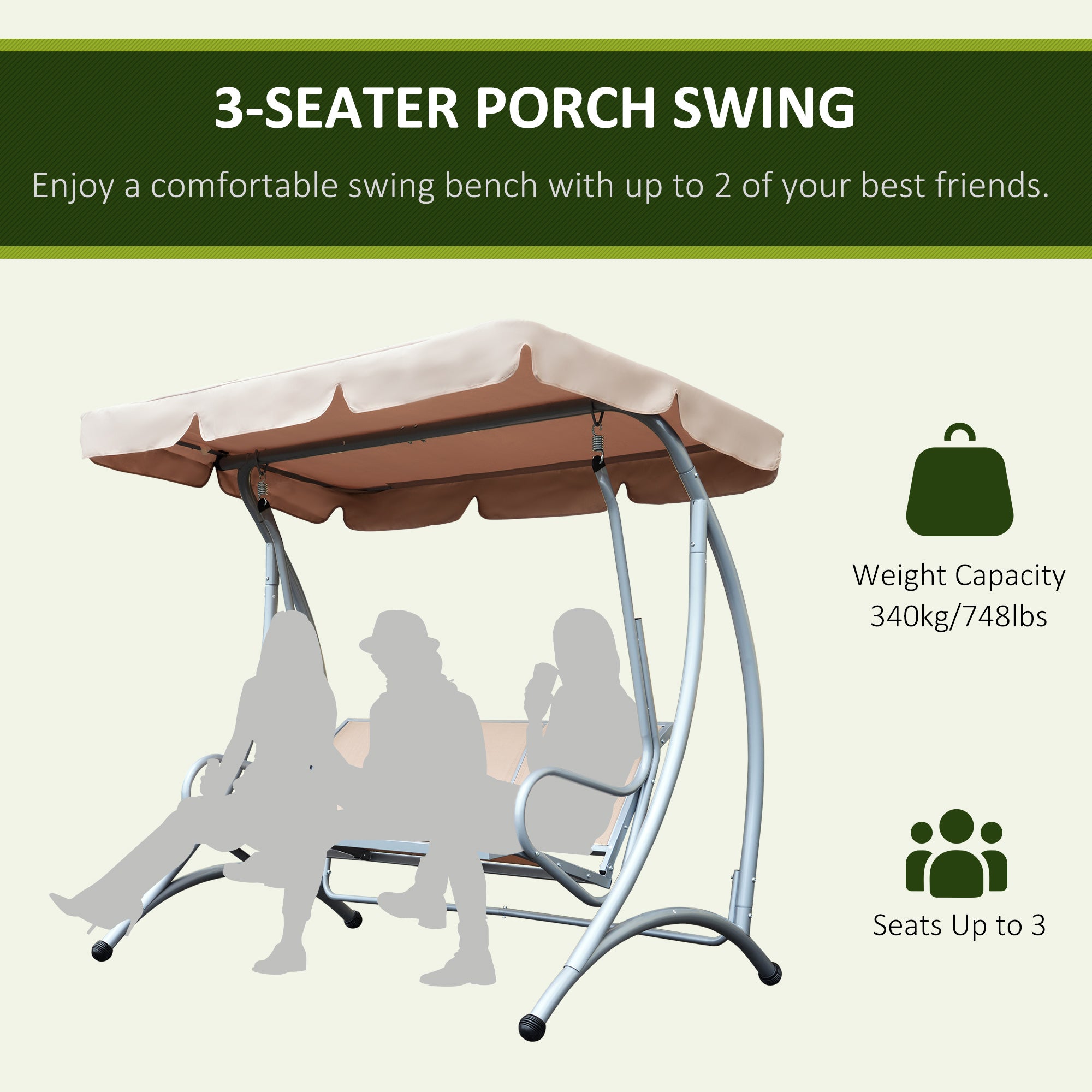 3-Seat Outdoor Porch Swing Chair, Patio Swing Glider with Adjustable Canopy, Breathable Seat, and Steel Frame for Garden, Poolside, Backyard, Beige