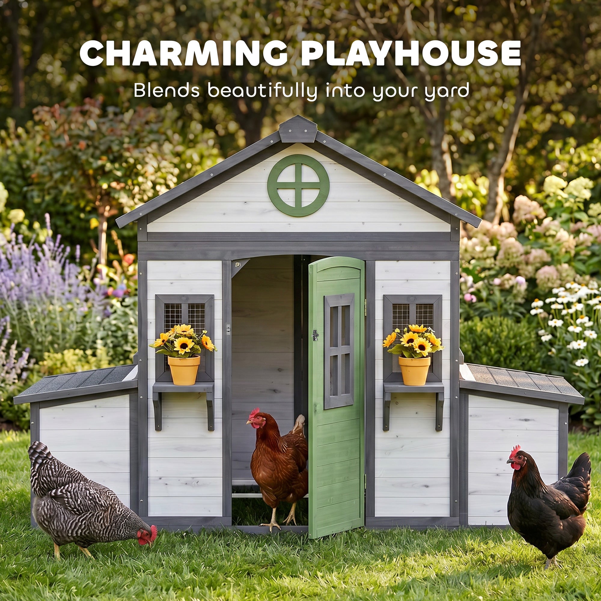Wooden Chicken Coop, Hen House for 2-4 Hens, Outdoor Playhouse Poultry Cage with Nesting Boxes, Waterproof Roof, Windows