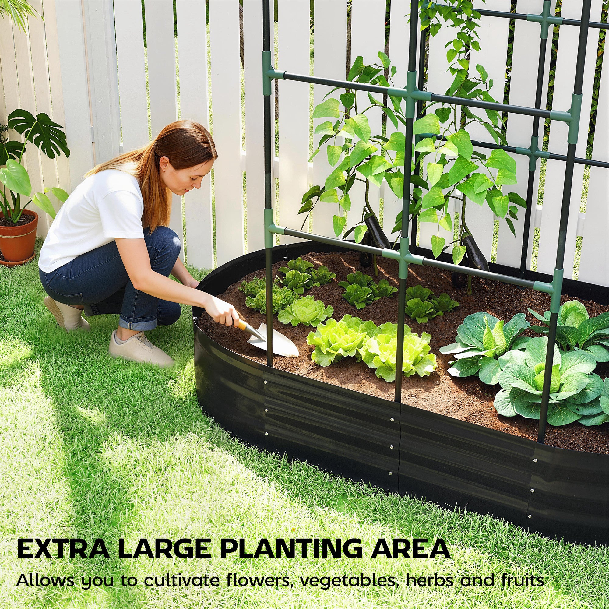 Galvanised Raised Garden Bed with Arched Trellis, 5 x 3 x 6ft Metal Outdoor Planter Box with Open Bottom, Dark Gray