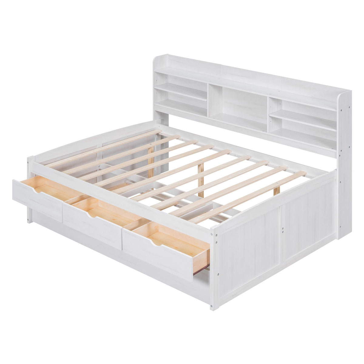 Classic Style Full Size Wooden Captain Bed with Built-in Bookshelves, 3 Storage Drawers, and Trundle, 79" L x 104.5" W x 47" H, White