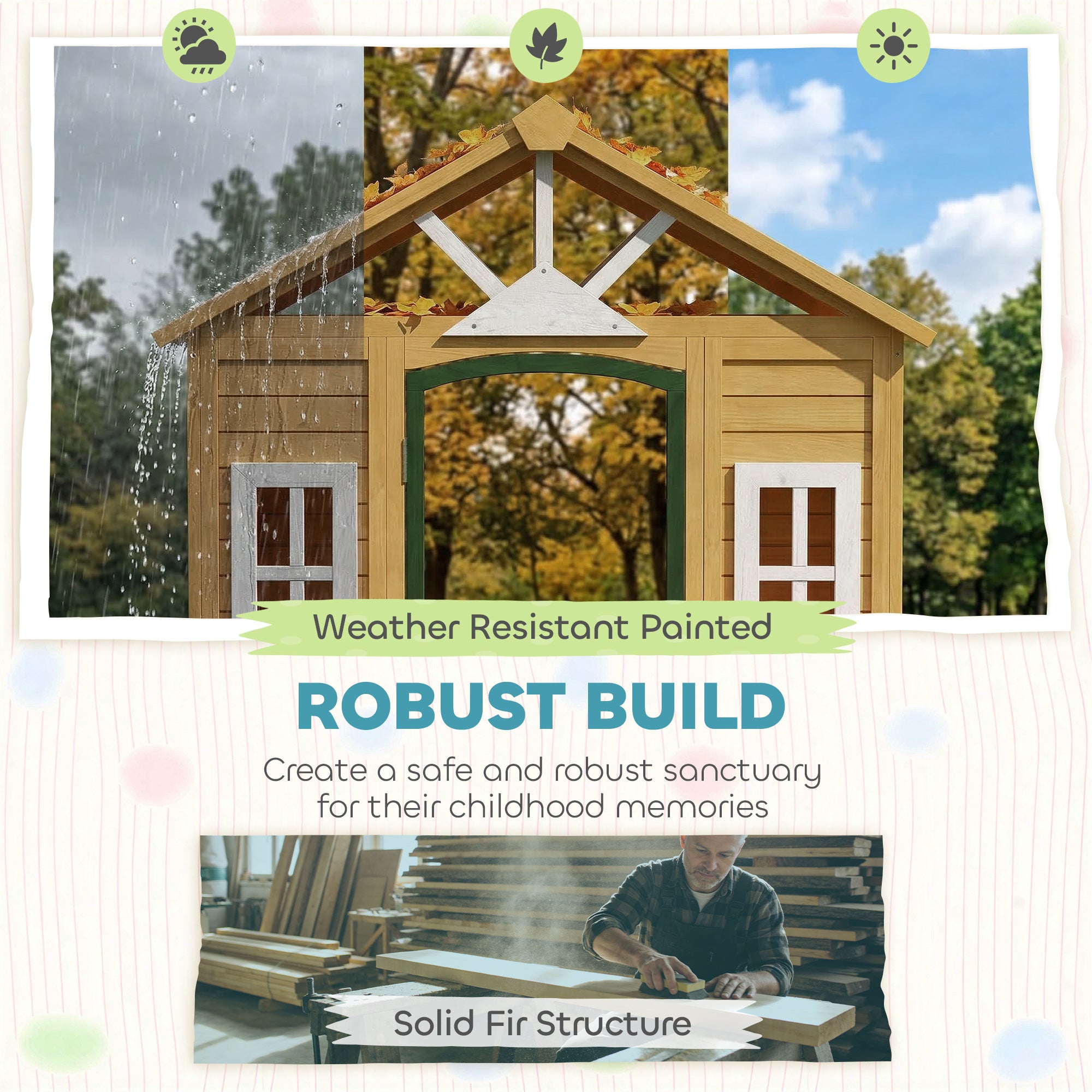 Outdoor Playhouse, Wooden Kids Playhouse with Door, 3 Windows, 2 Flower Boxes for Garden, Indoor Playroom, Ages 3–8