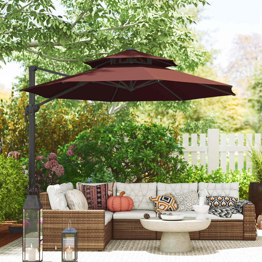 11ft Cantilever Patio Umbrella with Base, Double Top Hanging Aluminum Offset Umbrella with 360° Rotation, Easy Tilt, 8 Ribs, Crank, Cross Base for Backyard, Brown
