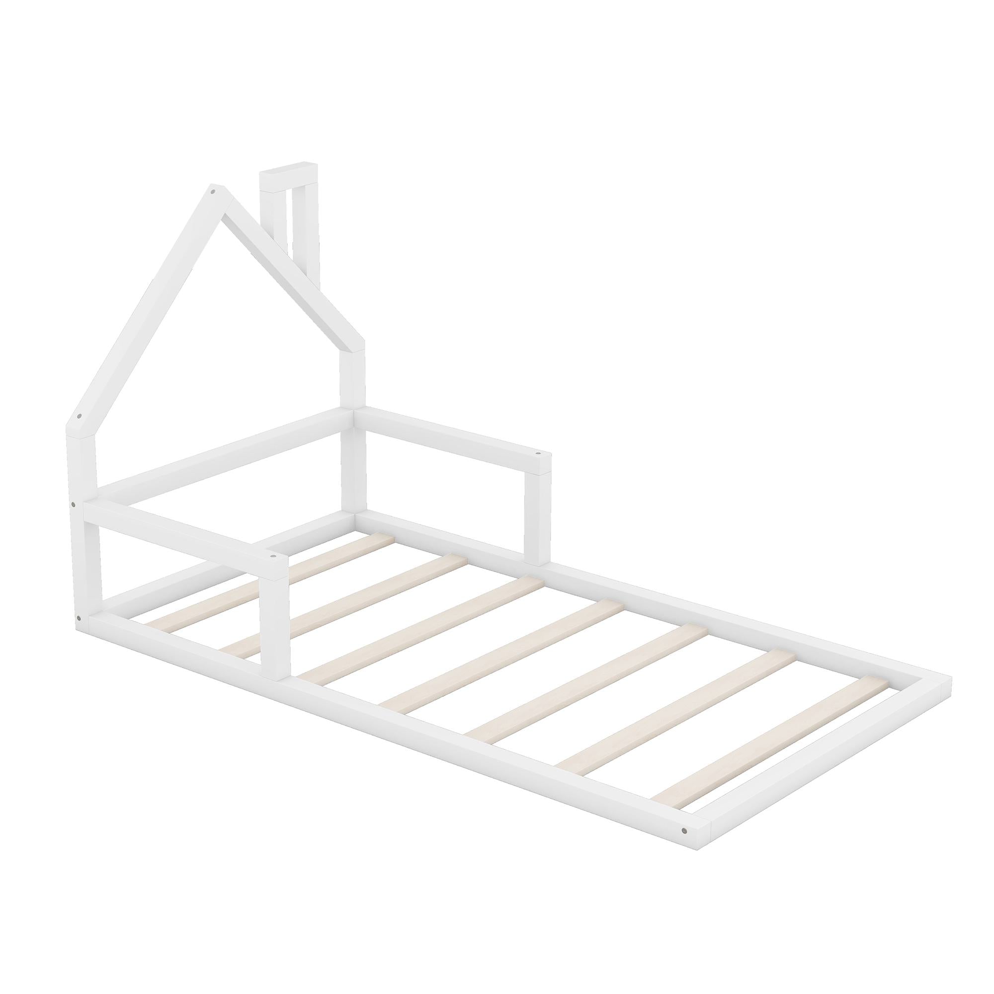 Twin Size Wood Floor Bed with House-Shaped Headboard, Sturdy Wood Construction, No Box Spring Needed, 78" L x 41.5" W x 39" H, White
