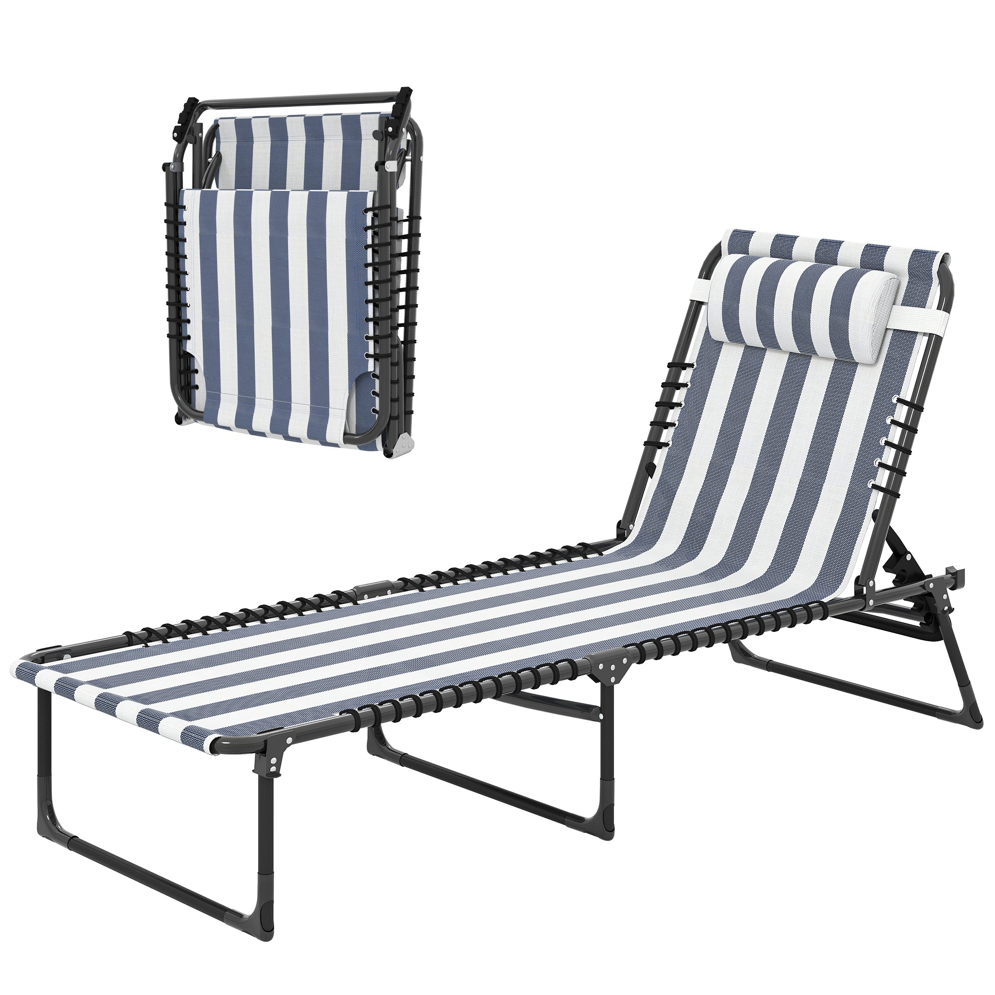 Folding Chaise Lounge Pool Chair with 4-Position Reclining Back, Pillow, Breathable Mesh & Bungee Seat, Blue & White