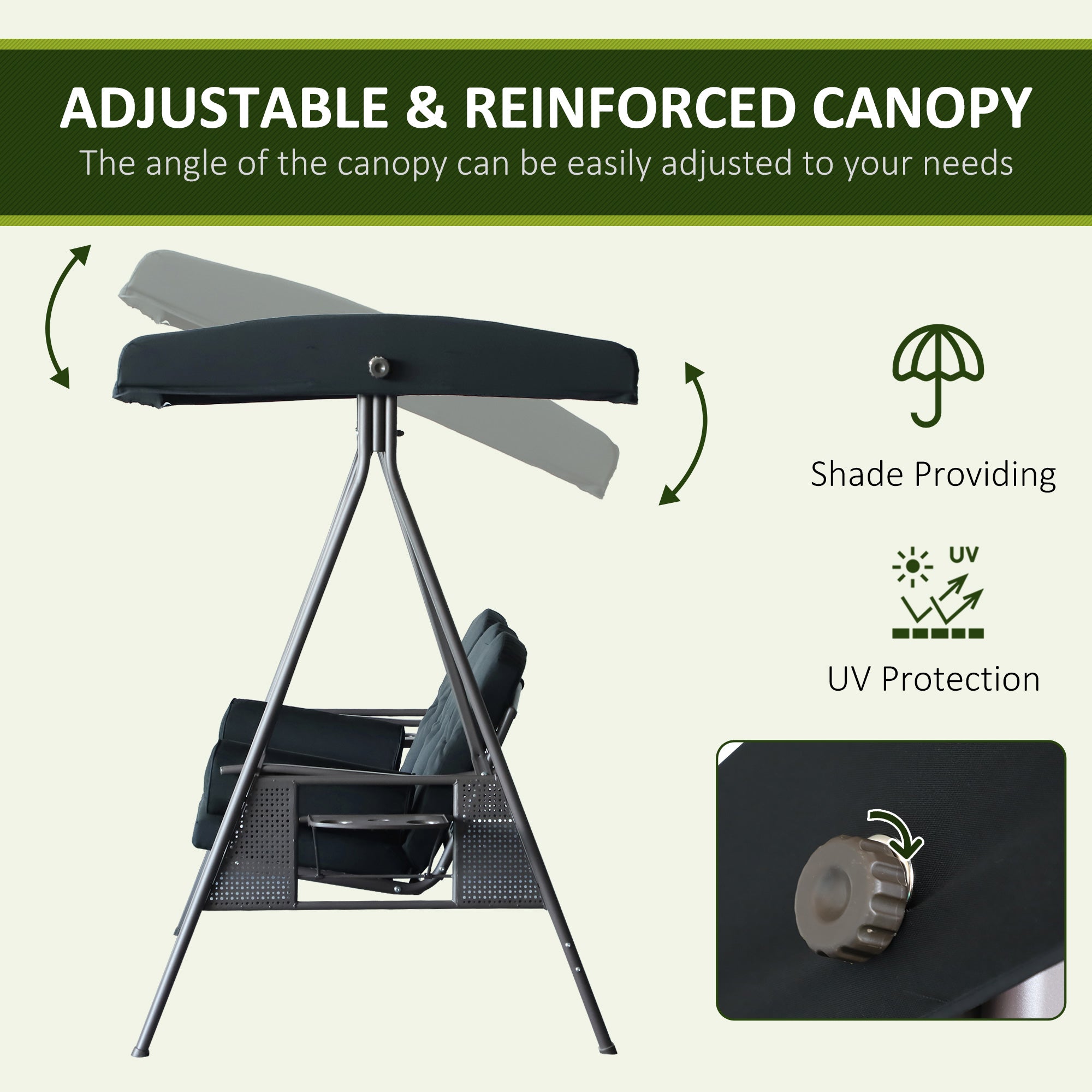 3-Seat Patio Swing Chair, Outdoor Porch Swing Glider with Adjustable Canopy, Removable Cushion, Pillows and Side Trays, for Garden, Poolside, Backyard, Black