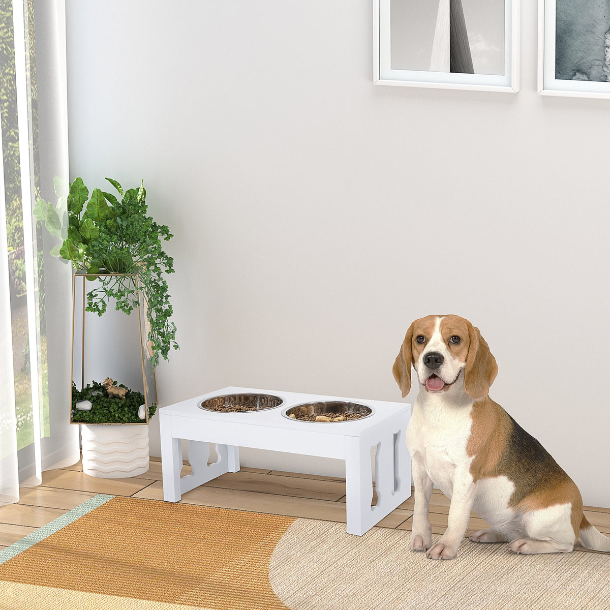 23" Modern Decorative Raised Dog Bowls, Wooden Heavy Duty Pet Food and Water Bowl, Elevated Feeding Station, White