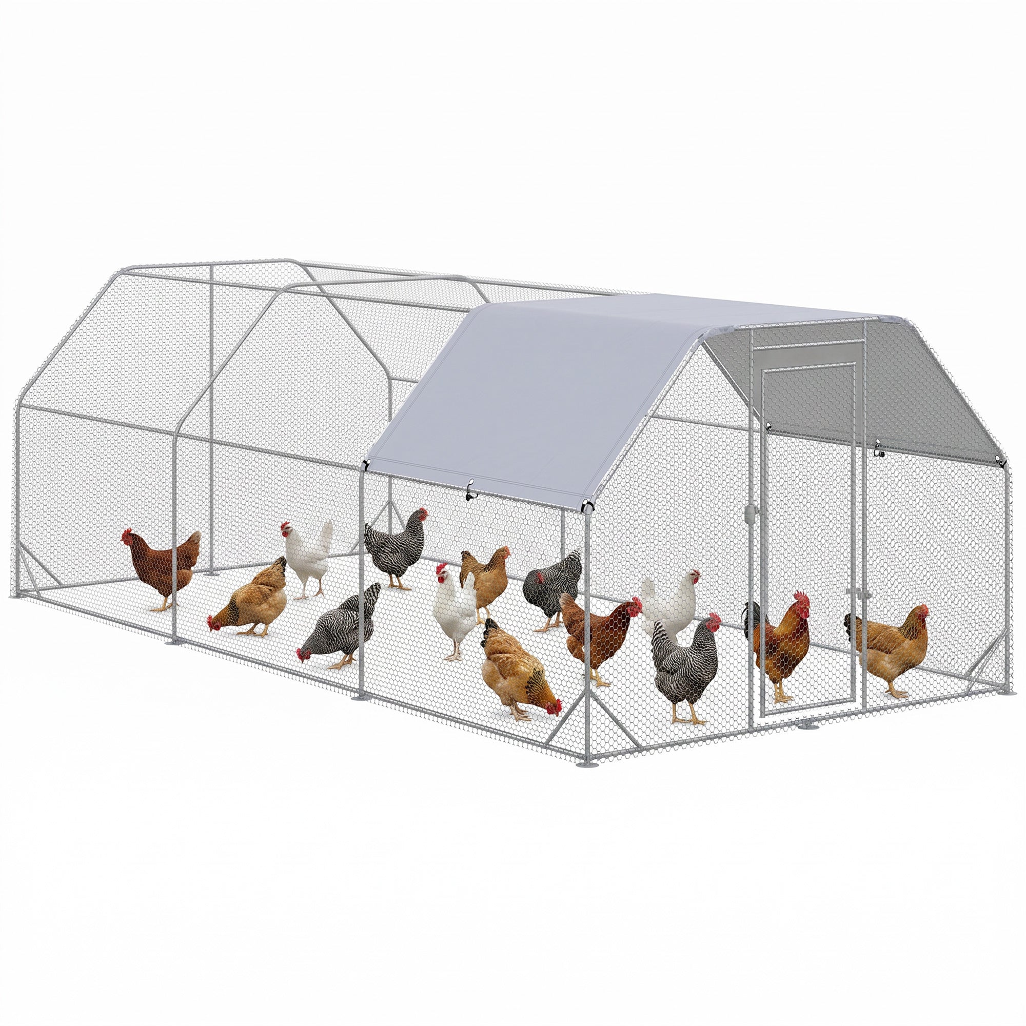9.2' x 18.7' x 6.4' Large Chicken Coop Metal Chicken Run with Waterproof and Anti-UV Cover, Flat Shaped Walk in Fence Cage Hen House for Outdoor and Yard Farm Use, 1" Tube Diameter