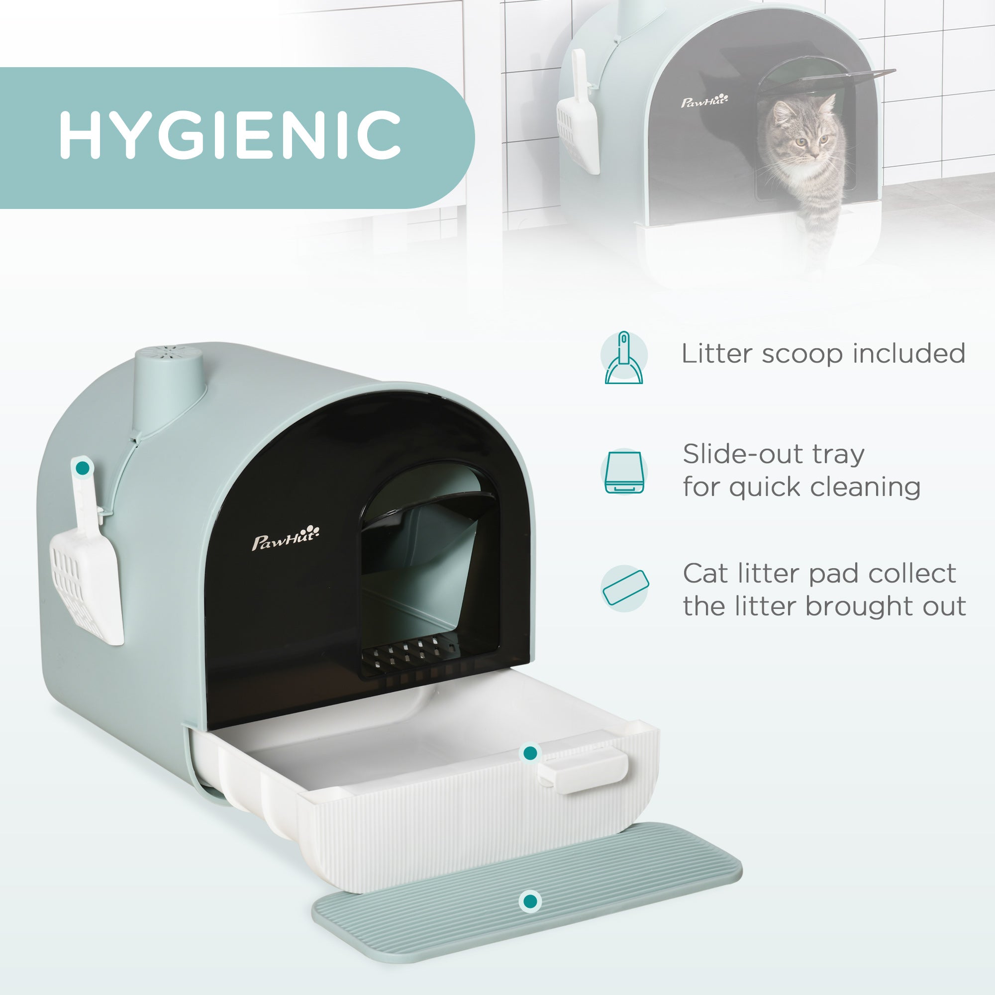 Fully Enclosed Cat Litter Box with Lid & Drawer Design, Covered Litter Box Anti-Leakage, Anti-Splashing, for Indoor Cats from Kitten to Adult, with Scoop & Mat, Easy Clean, Odor Control, Green