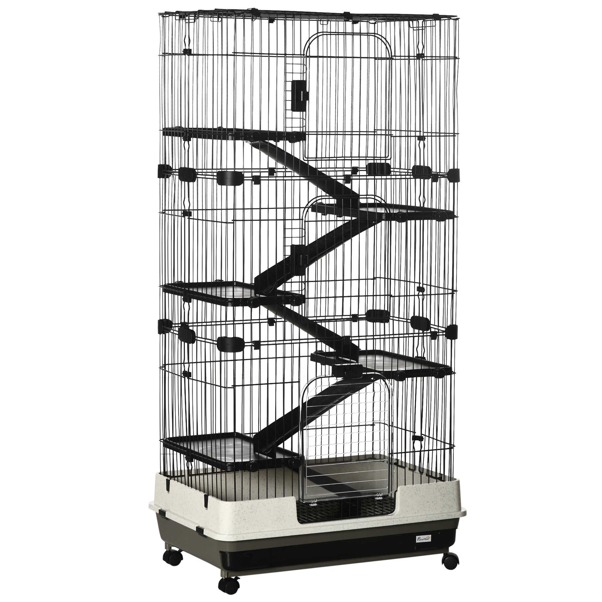32"L 6-Level Small Animal Cage Rabbit Hutch with Universal Lockable Wheels, Slide-out Tray for Bunny, Chinchillas, Ferret, Black