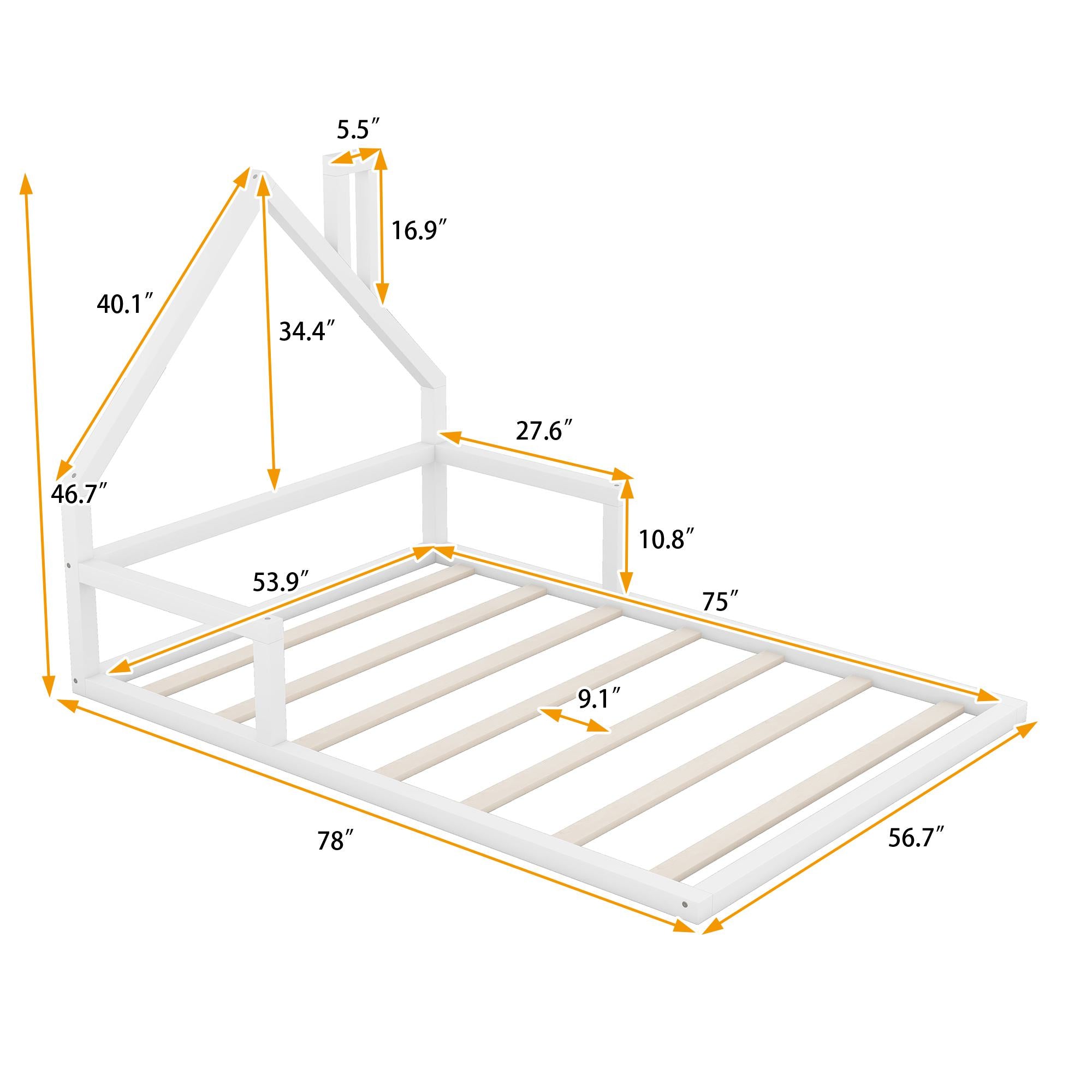 Full Size Wood Floor Bed with House-Shaped Headboard, Sturdy Pine Wood Construction, Easy Assembly, 78" L x 56.5" W x 46.5" H, White