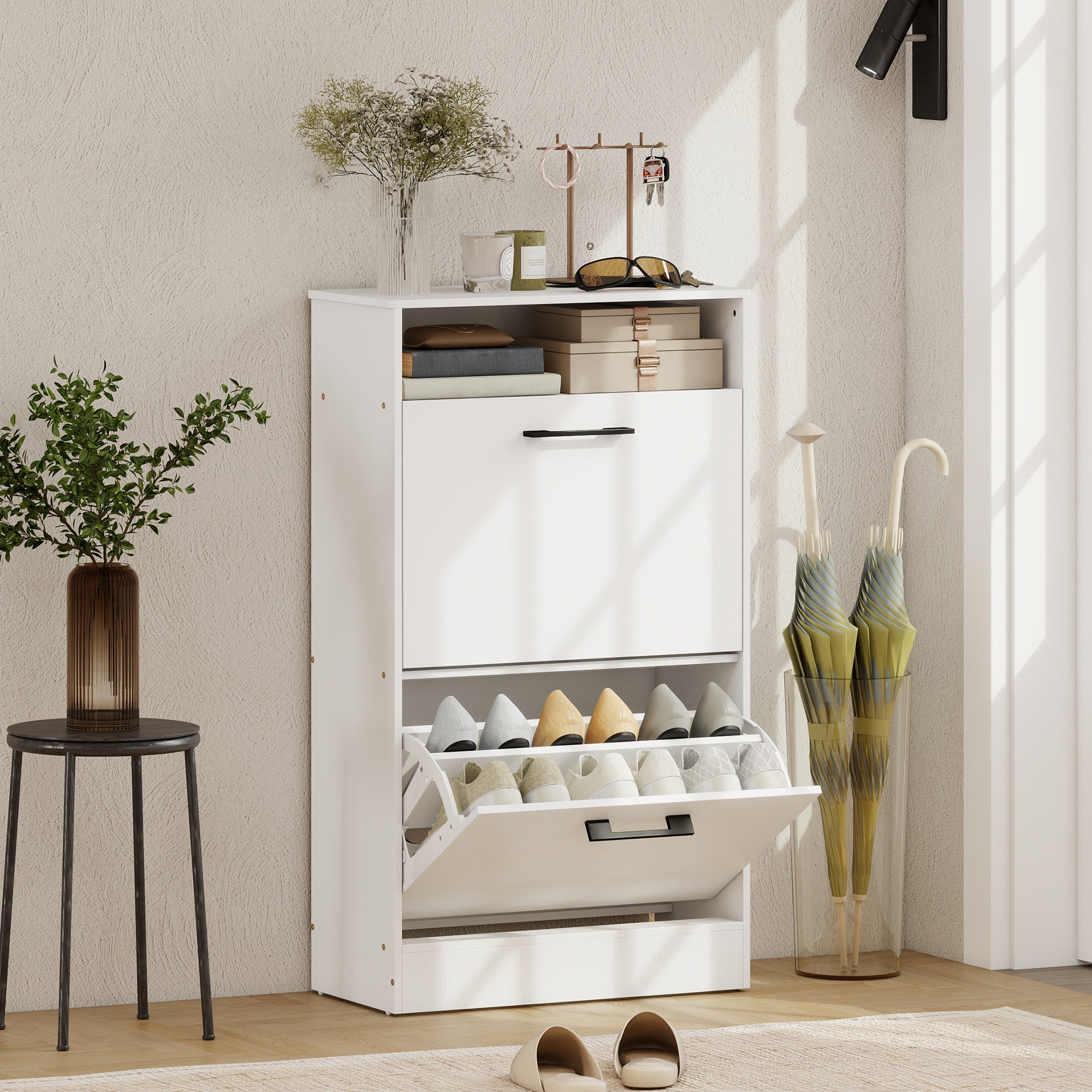 Shoe Cabinet 2 Flip Drawers Adjustable Dividers Shoe Storage Cabinet Top Shelf Entryway White