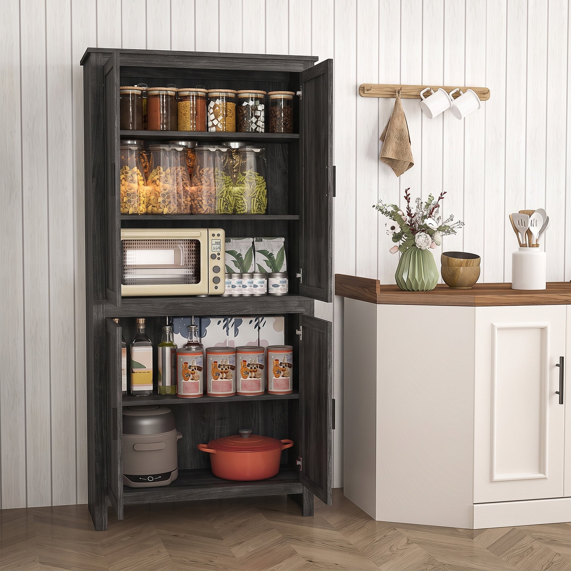 64" 4-Door Kitchen Pantry, Freestanding Storage Cabinet with 3 Adjustable Shelves for Kitchen, Gray Oak