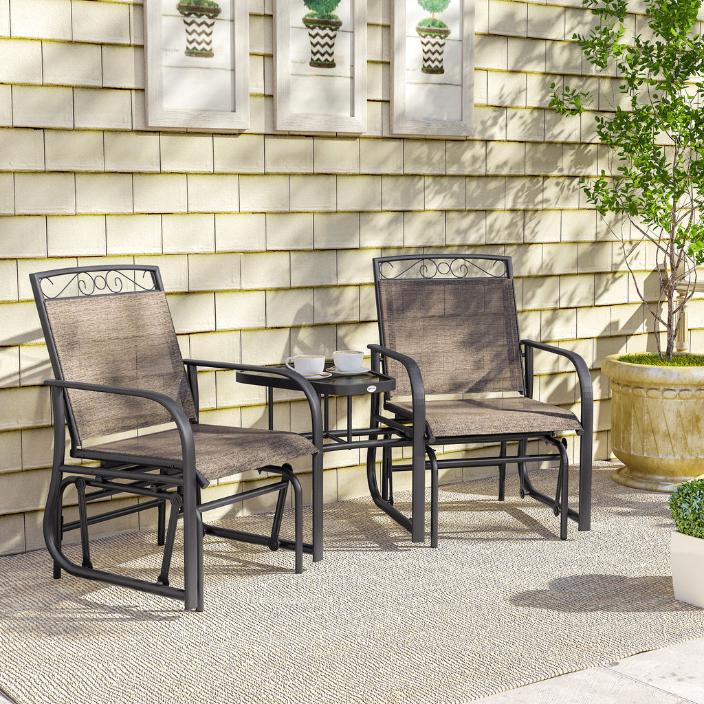 Outdoor Glider Chairs with Coffee Table, Patio 2-Seat Rocking Chair Swing with Breathable Sling for Backyard, Garden and Porch, Brown