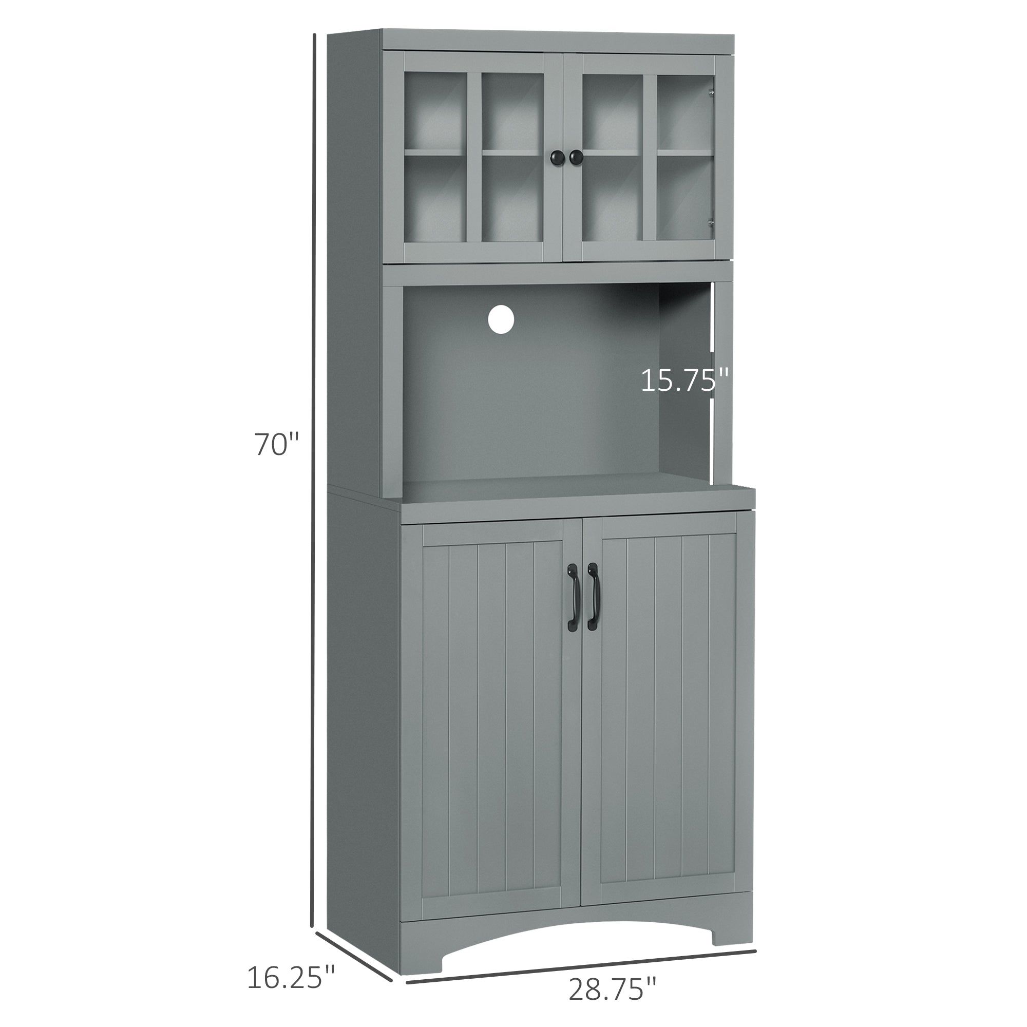 Storage Cabinet with Adjustable Shelves and Microwave Space, 70" Pantry Cabinet with Glass Framed Door, Gray