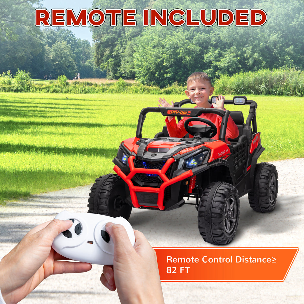 2 Seater 24V Kids Electric Car w/ Remote Control, 3 Speed, LED Lights, Music, Horn, Spring Suspension, Slow Start, Red