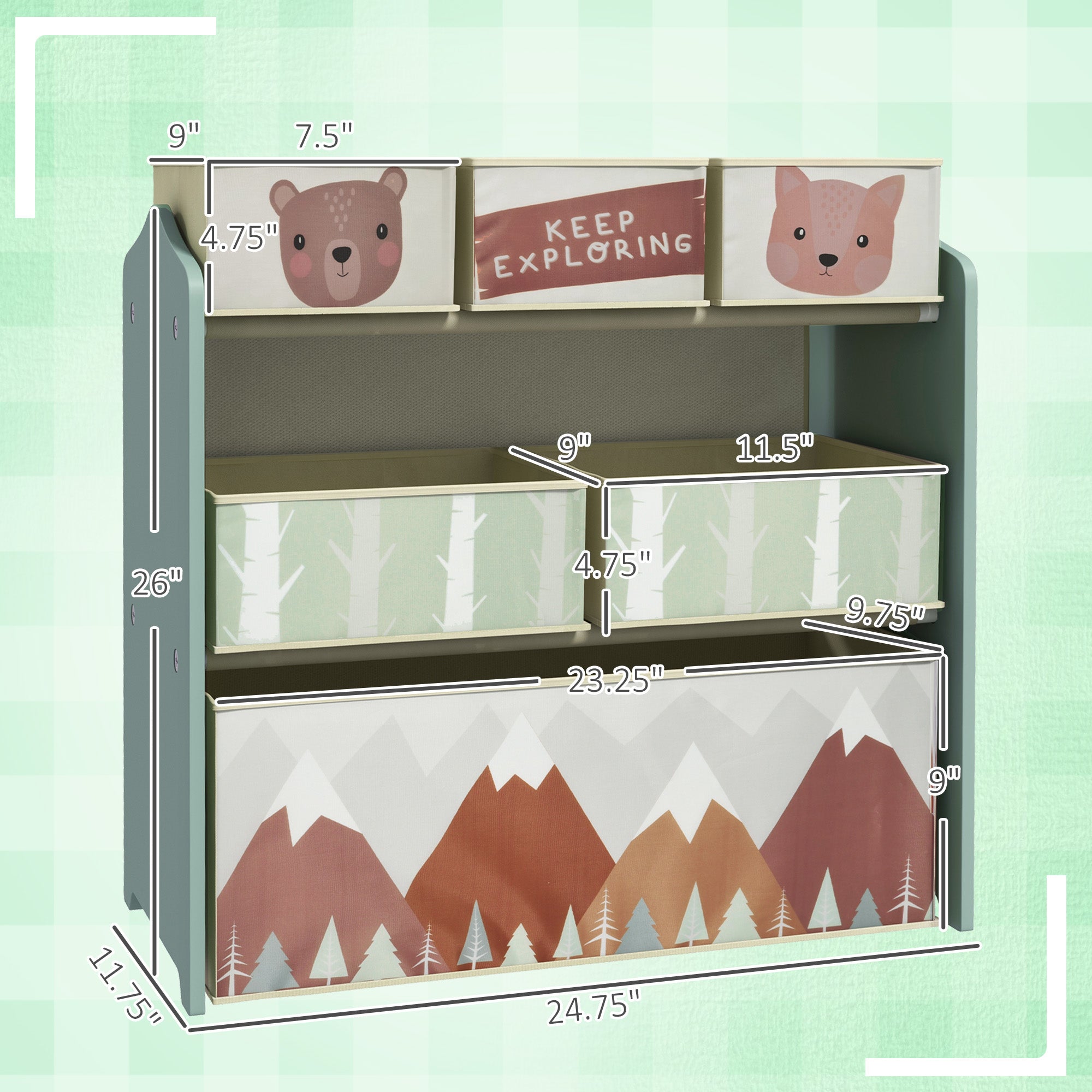 Toy Organizer with 6 Storage Bins, 25" x 12" x 26", Green