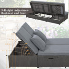 Outdoor Patio Sunbed with Adjustable Backrest & Side Tray, Wicker Rattan Lounger with Thick Cushion, 47" L x 29.5" W x 15" H, Gray