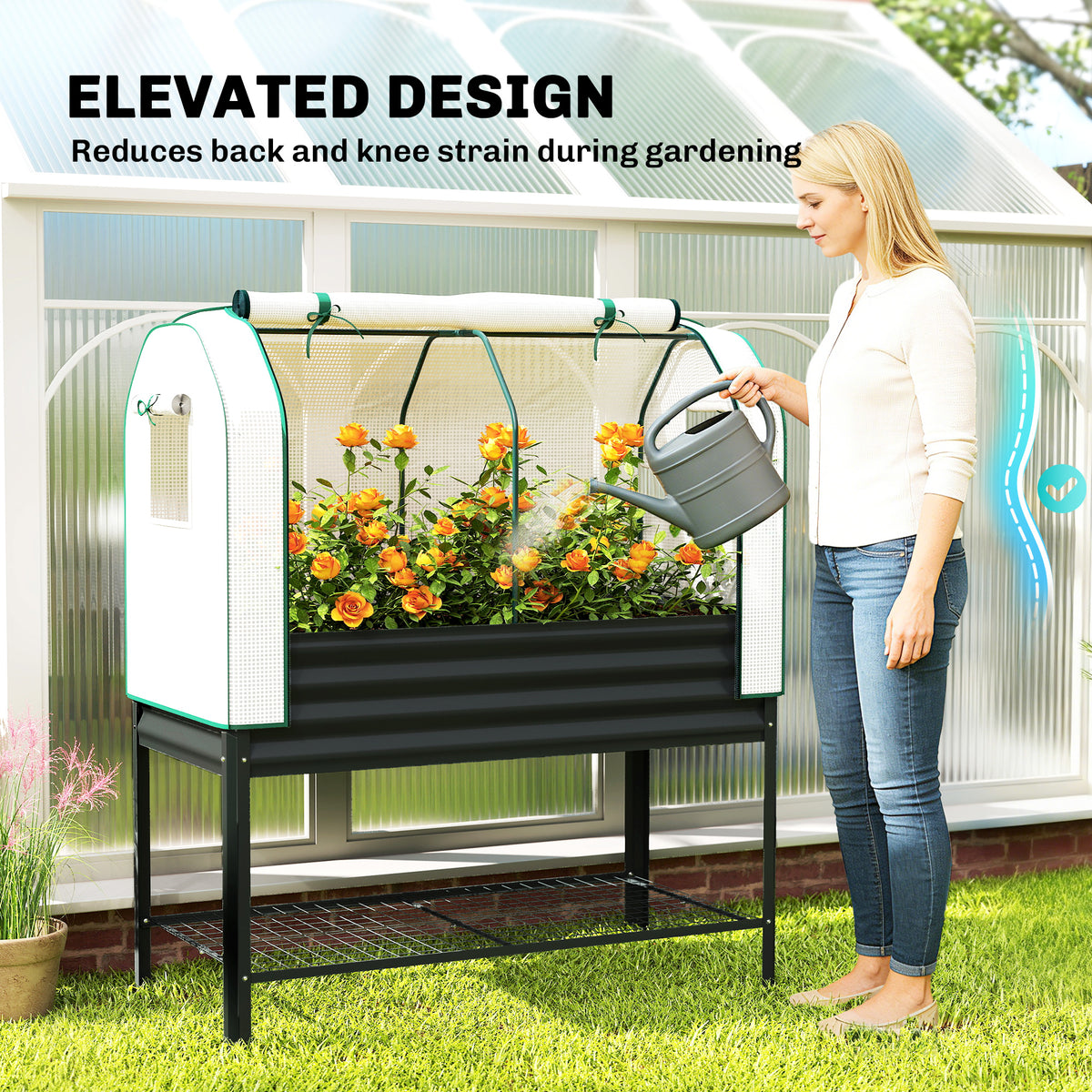 Galvanised Raised Garden Bed with Greenhouse Cover, Metal Elevated Garden Bed with Bed Liner, Bottom Shelf, Black