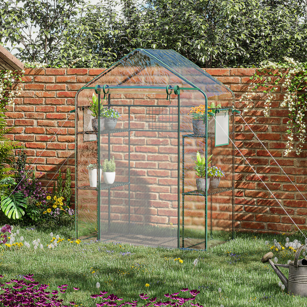 Outdoor Walk-in Mini Greenhouse with Mesh Door & Windows, Small Portable Garden Green House with 3 Tiers 6 Shelves, Trellis, & Plant Labels