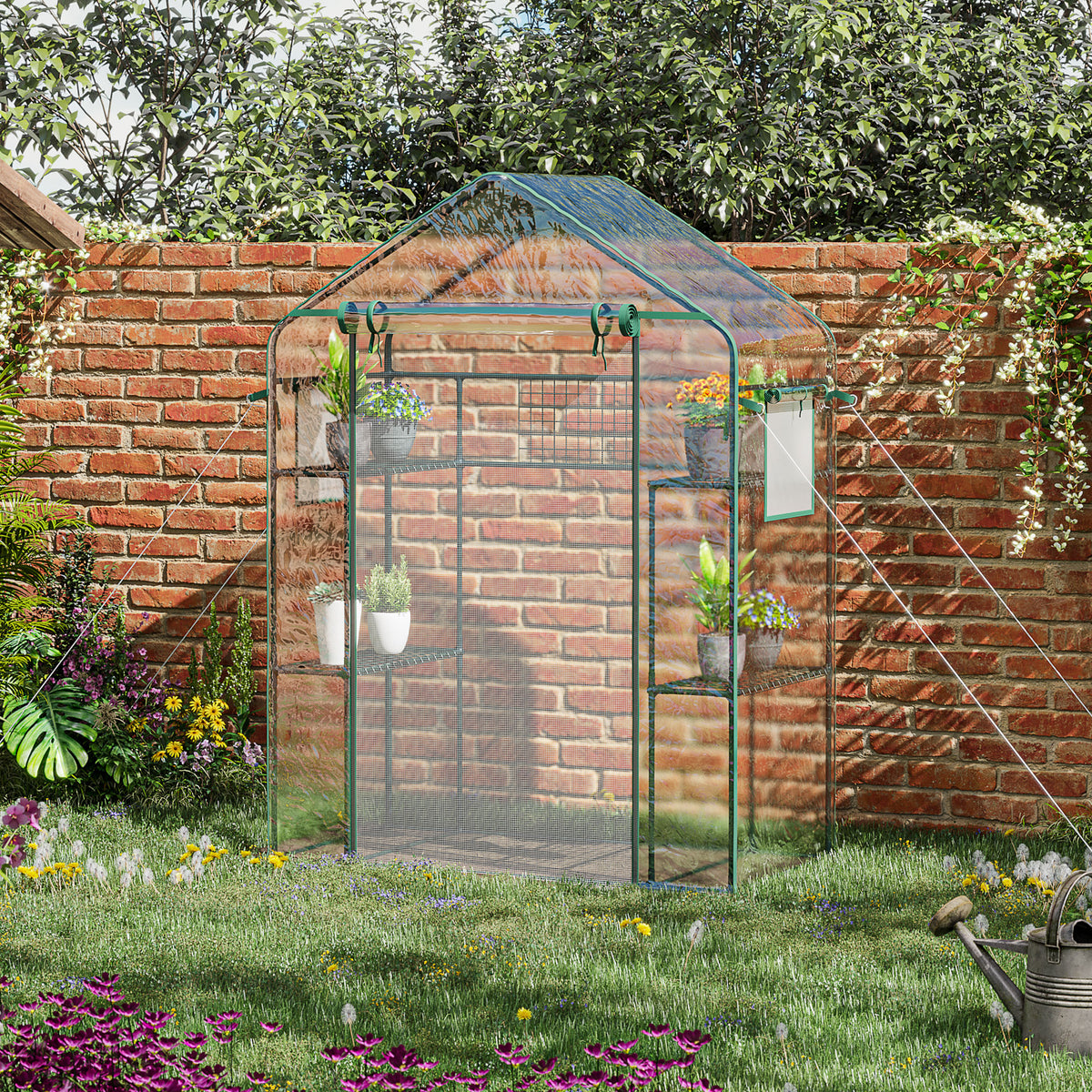 Outdoor Walk-in Mini Greenhouse with Mesh Door & Windows, Small Portable Garden Green House with 3 Tiers 6 Shelves, Trellis, & Plant Labels