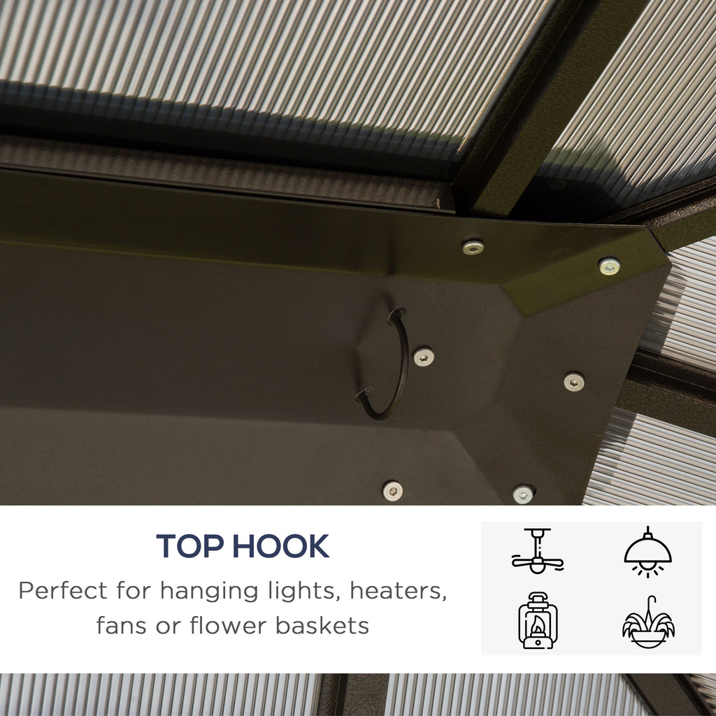 10' x 12' Hardtop Gazebo Canopy with Polycarbonate Roof, Aluminum Frame, Permanent Pavilion Outdoor Gazebo with Curtains for Patio, Garden, Backyard, Deck, Lawn, Dark Brown, Off-White