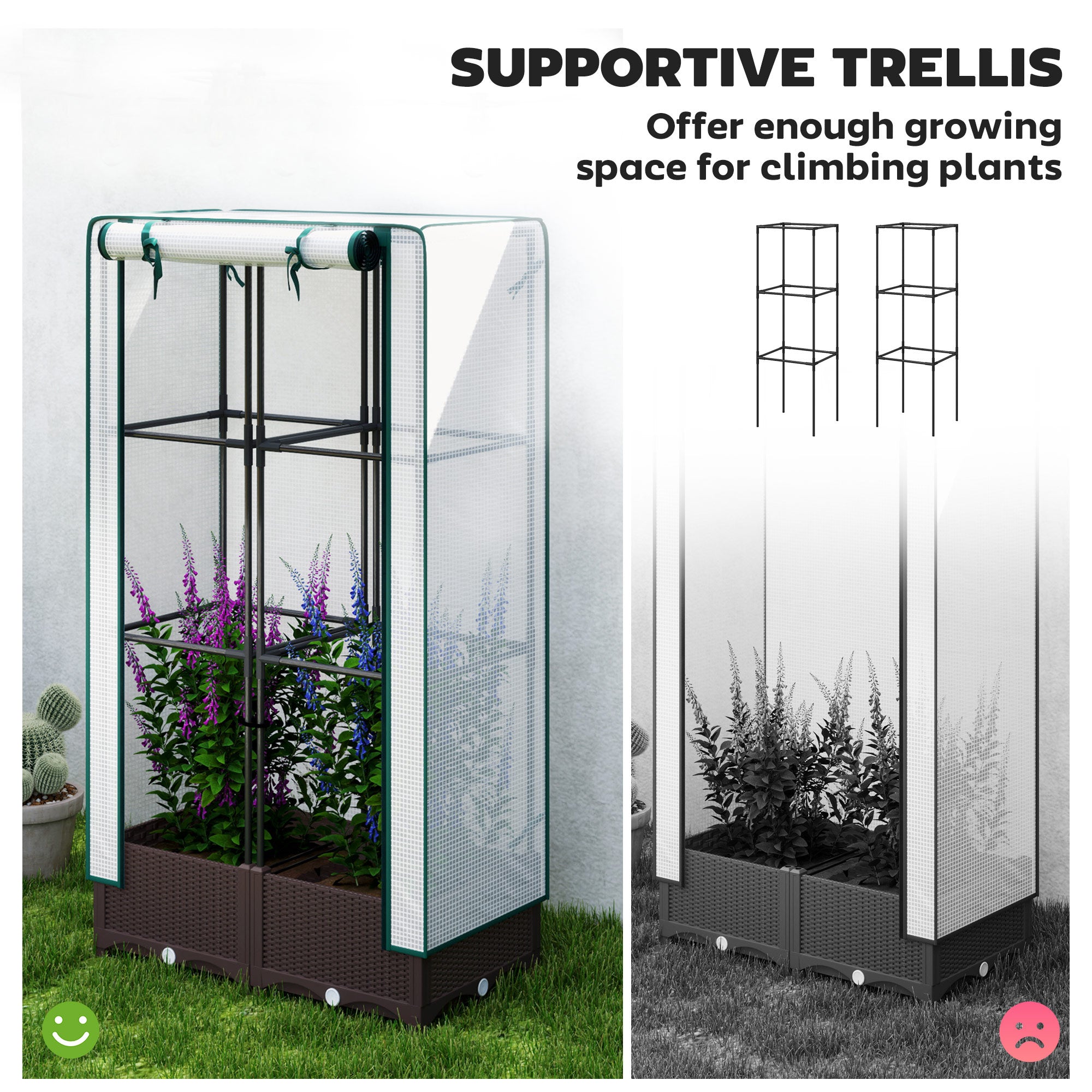 Garden Bed with Trellis, Outdoor Plant Box with PE Cover, Drainage Holes and Zipper Door, 31.5" x 15.7" x 48.8", Brown
