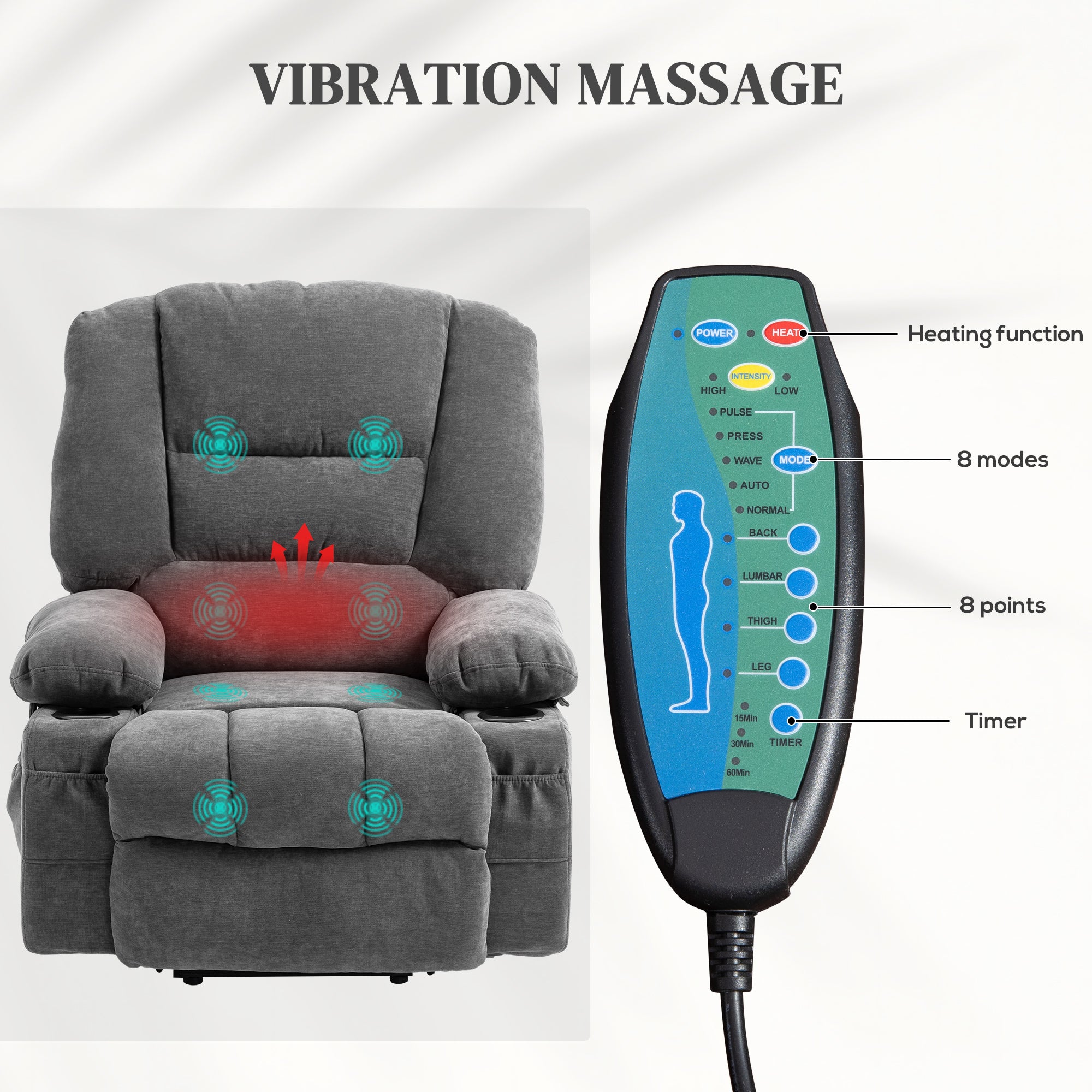 Power Lift Chair, Electric Recliner Chair with Vibration Massage, Heat, Side Pockets, Quick Assembly, Charcoal Gray