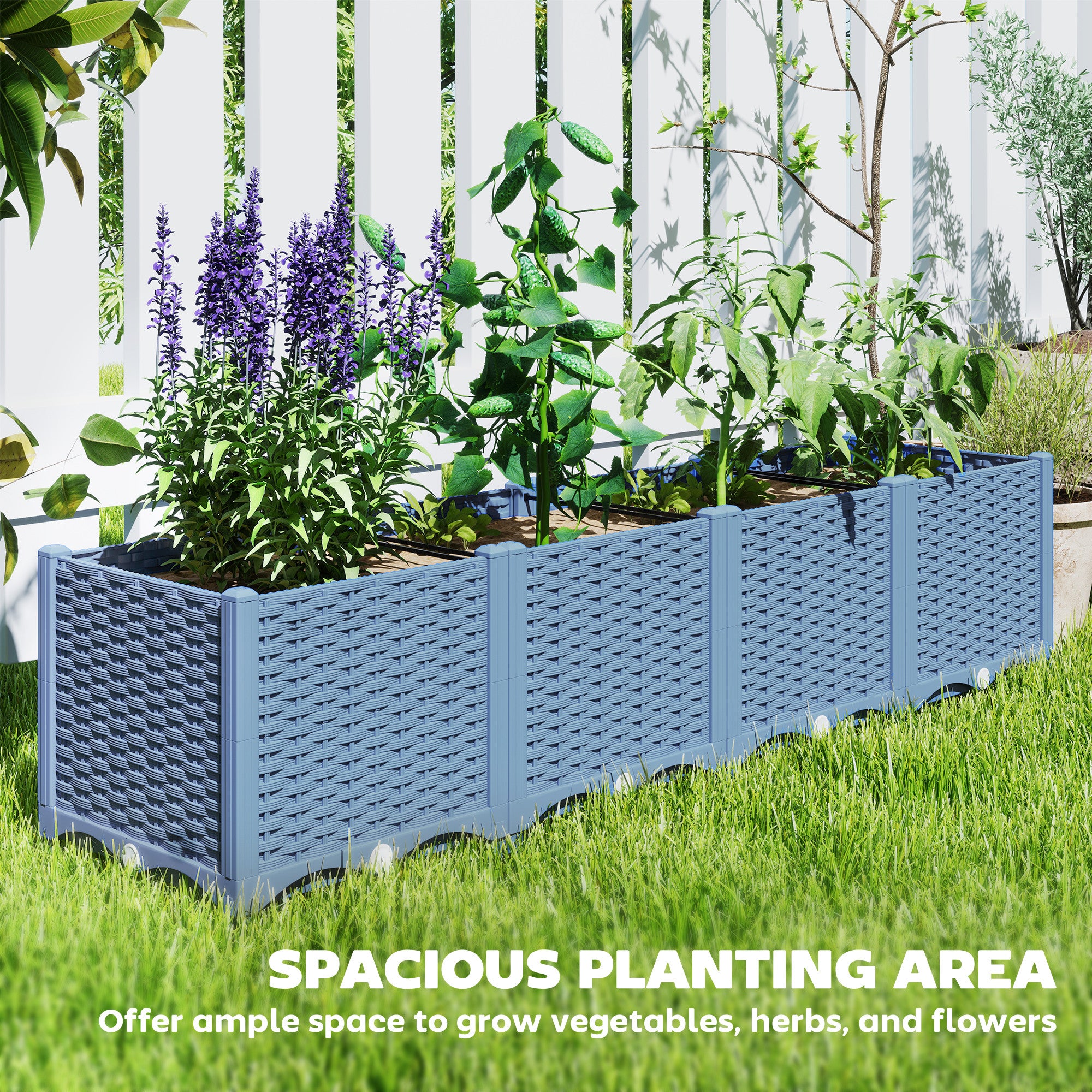 Plastic Raised Garden Bed, 5 x 1 x 1 ft Outdoor Flower Box with Drainage Holes for Vegetables, Herbs, Blue